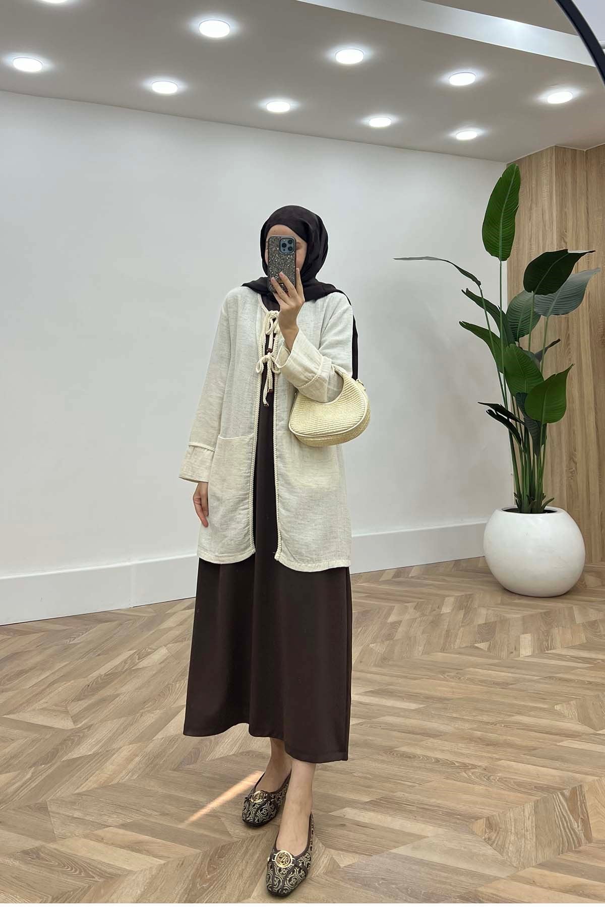 Önü Örgü Biyeli Kimono Krem
