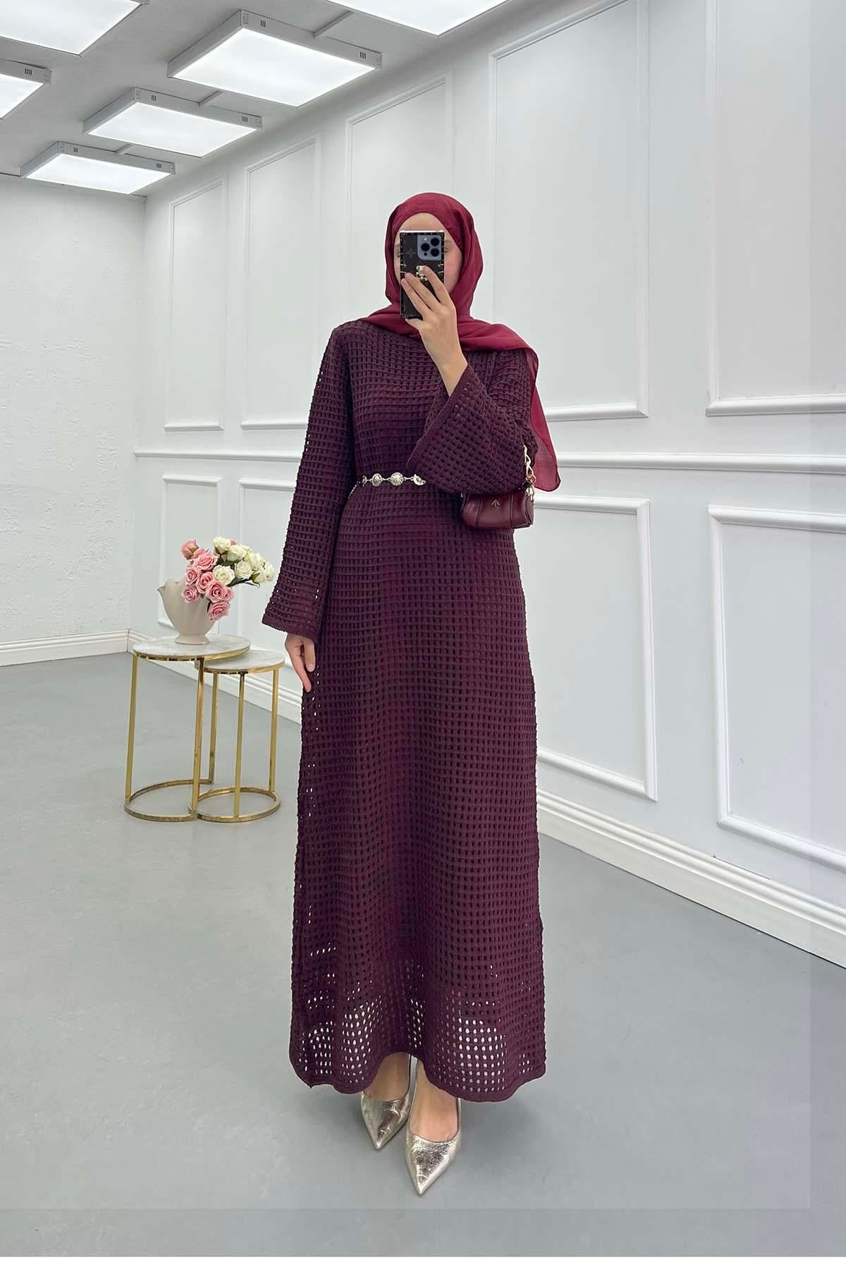 Örgü Desen (İçlikli) Triko Elbise Bordo