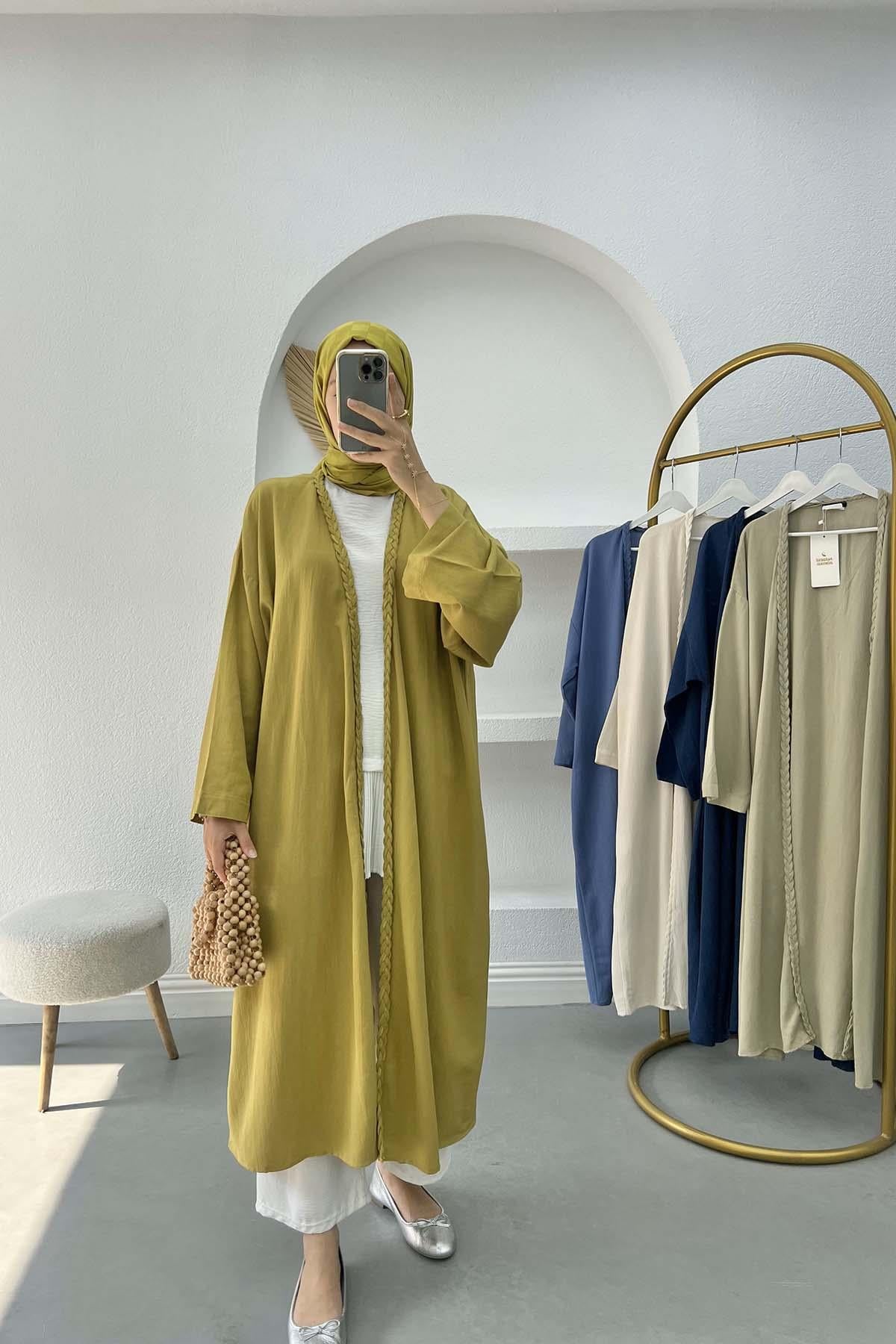 Örgü Detaylı Kimono Zeytin Yeşili