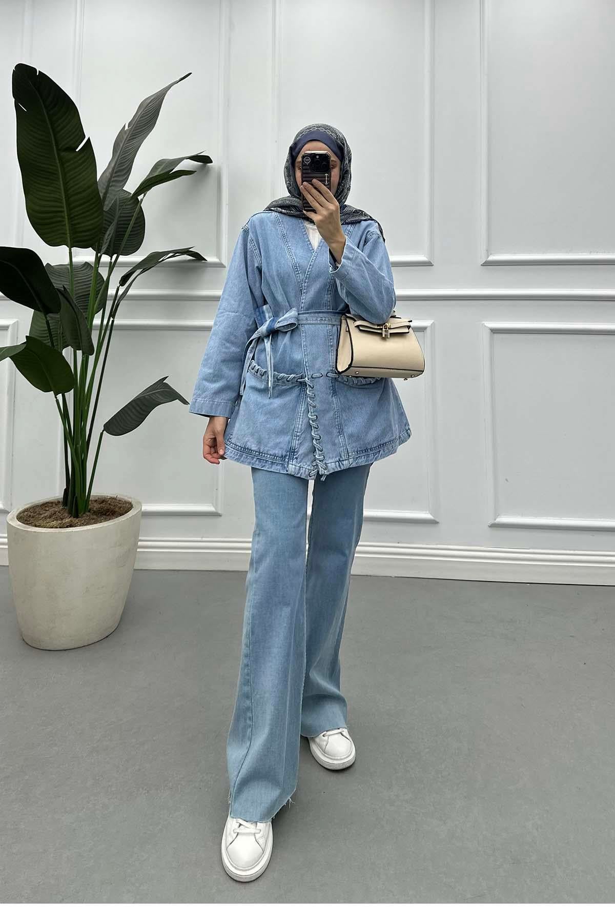Örgü Detaylı Kuşaklı Denim Ceket Açık Mavi