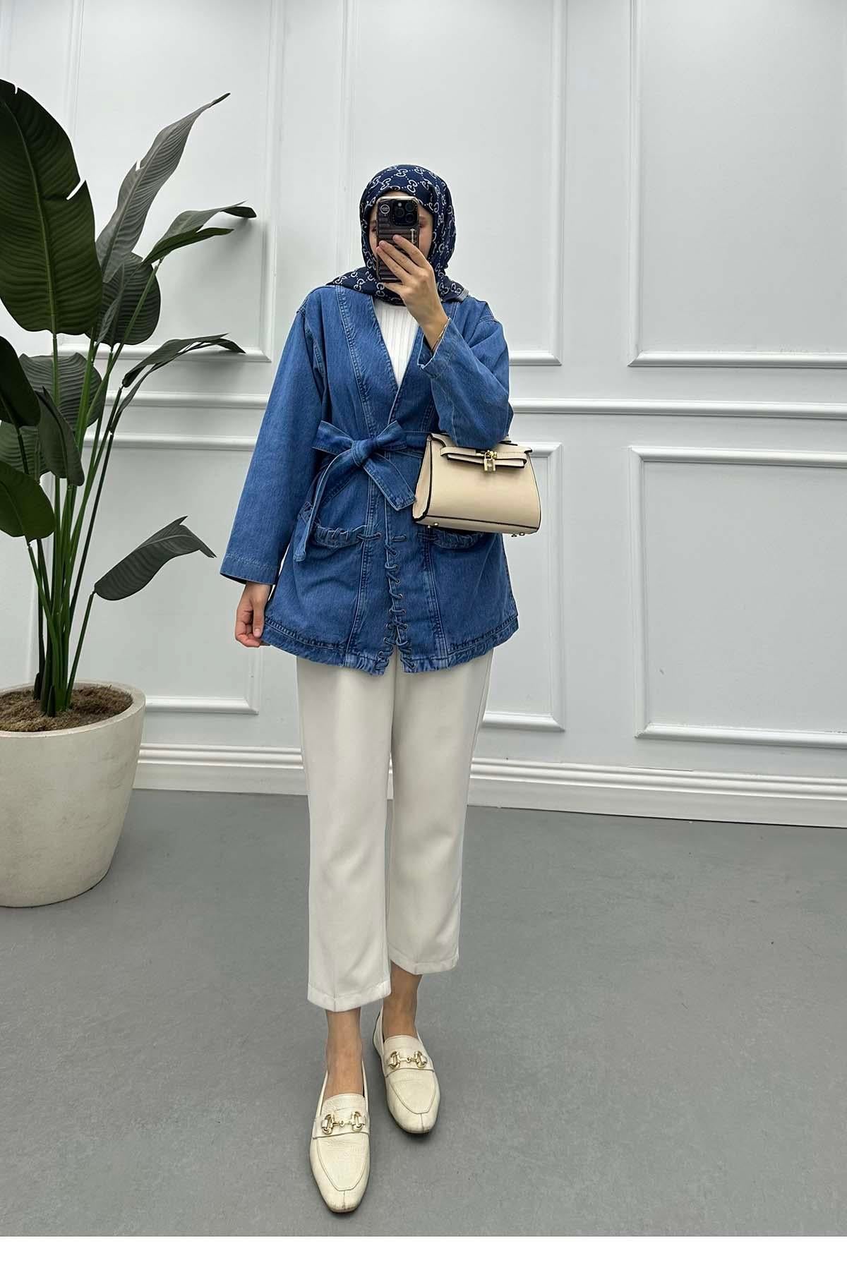 Örgü Detaylı Kuşaklı Denim Ceket Mavi