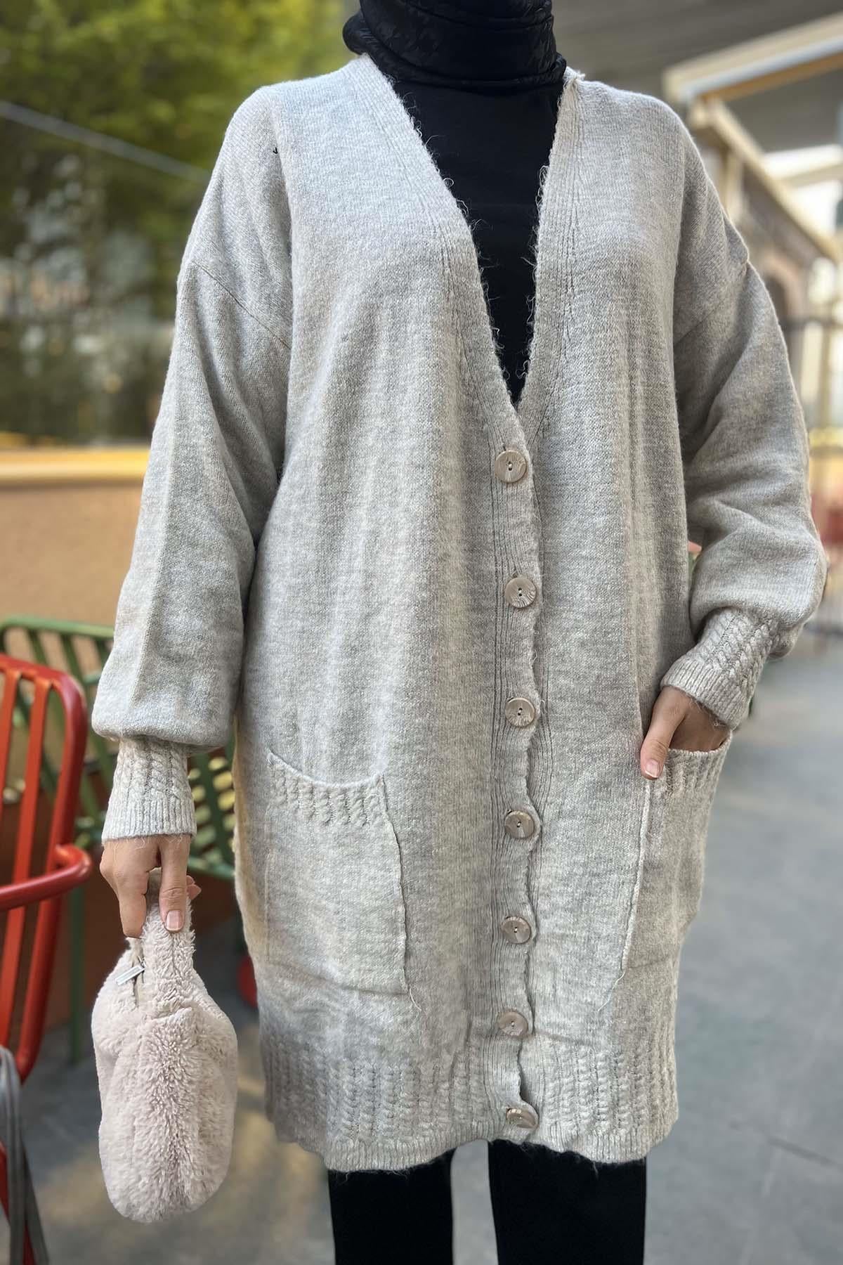 Örgü Detaylı Triko Hırka Bej