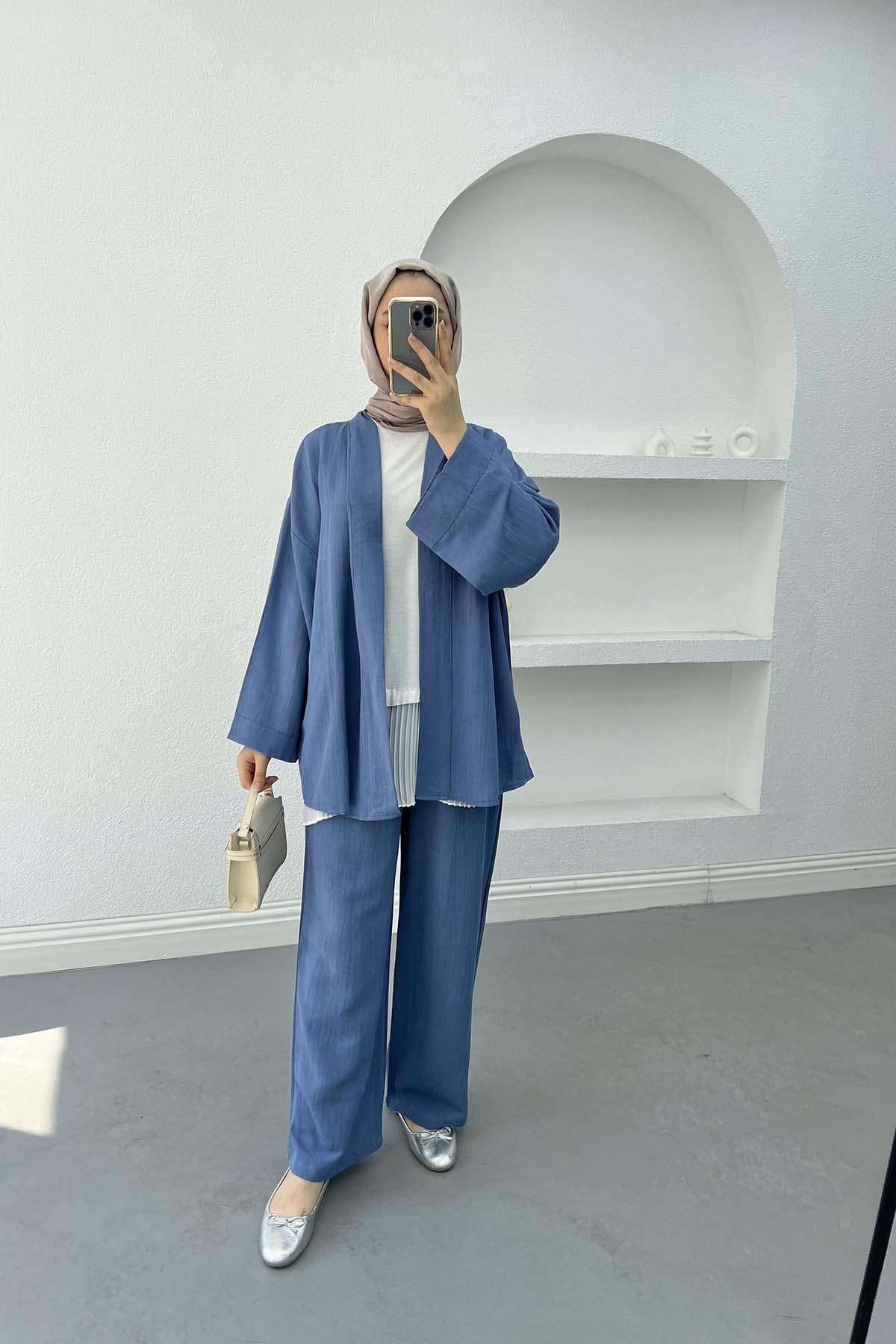Örgü Kemerli Keten Kimono İndigo