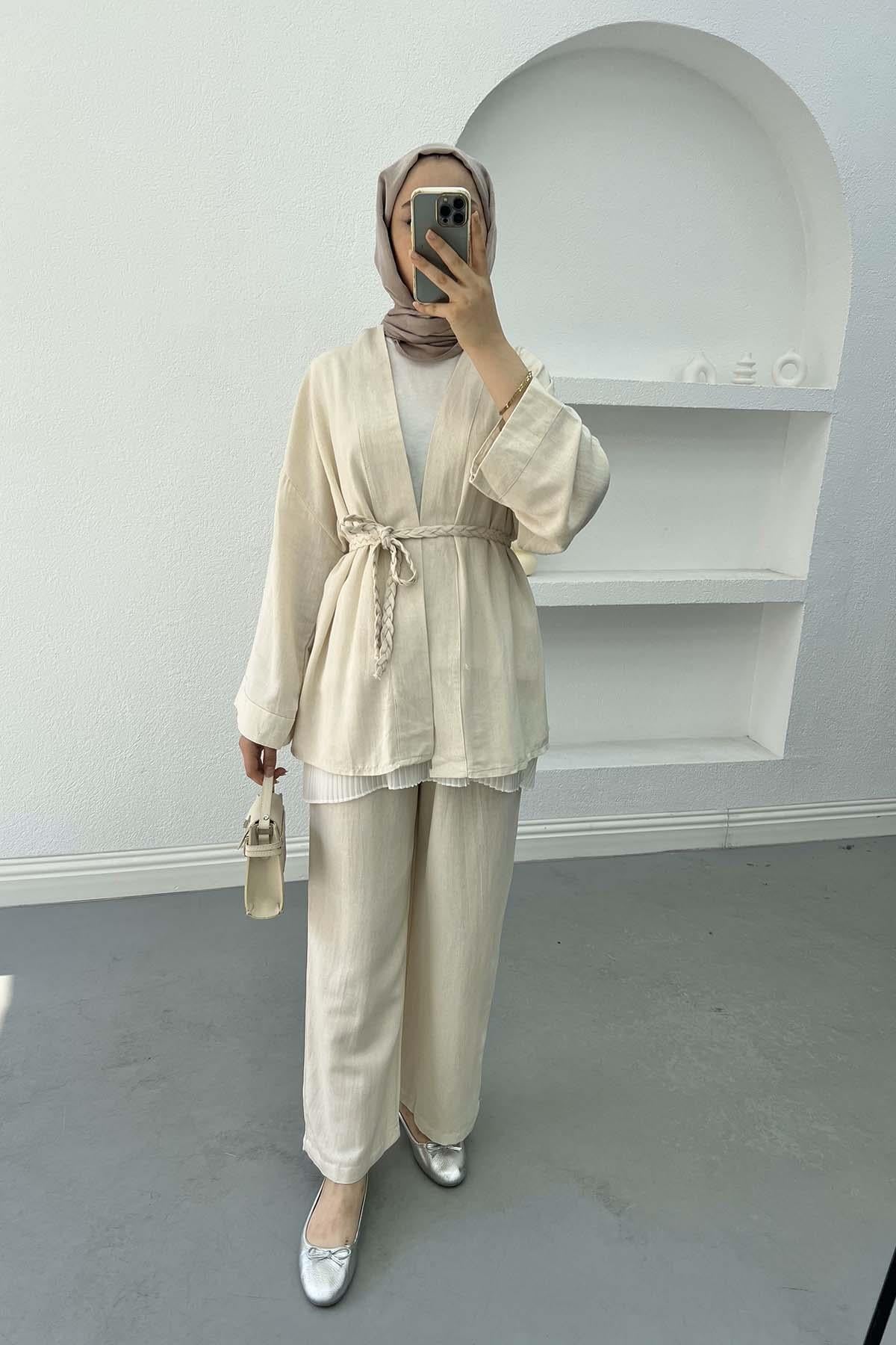 Örgü Kemerli Keten Kimono Taş