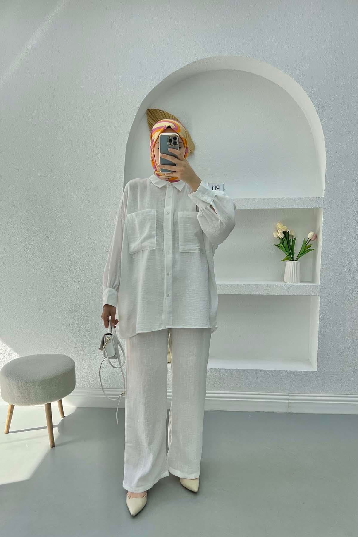 Oversize Cepli Keten Takım Beyaz