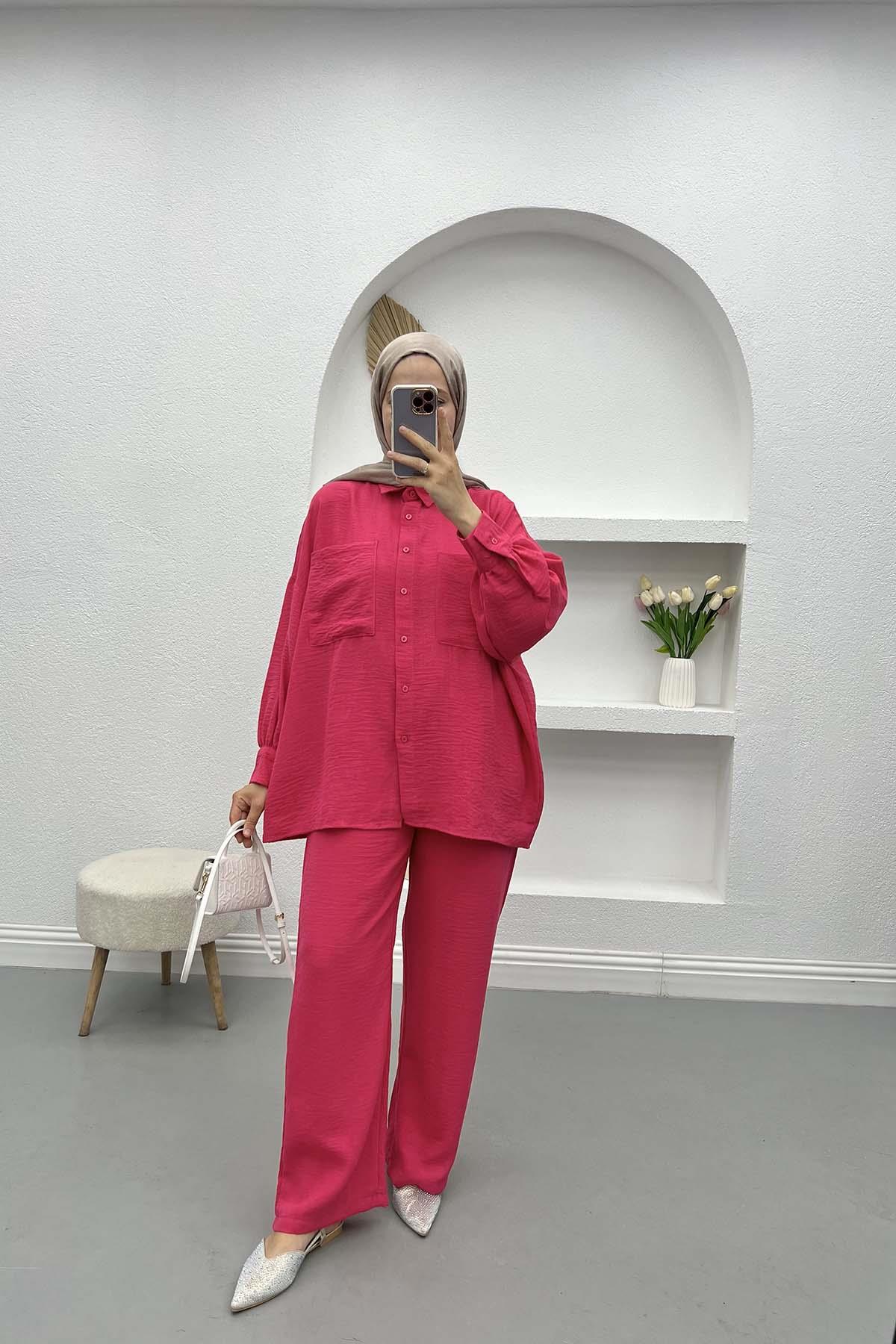 Oversize Cepli Keten Takım Fuşya