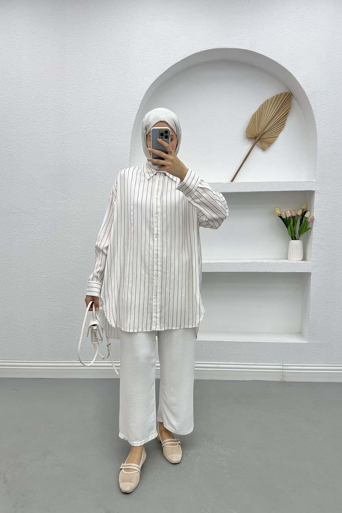 Oversize Çizgili Gömlek Acı Kahve