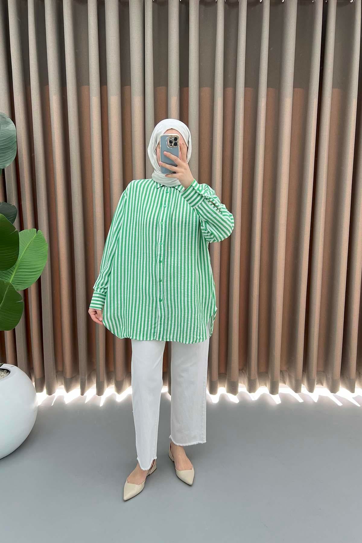 Oversize Çizgili Gömlek Yeşil