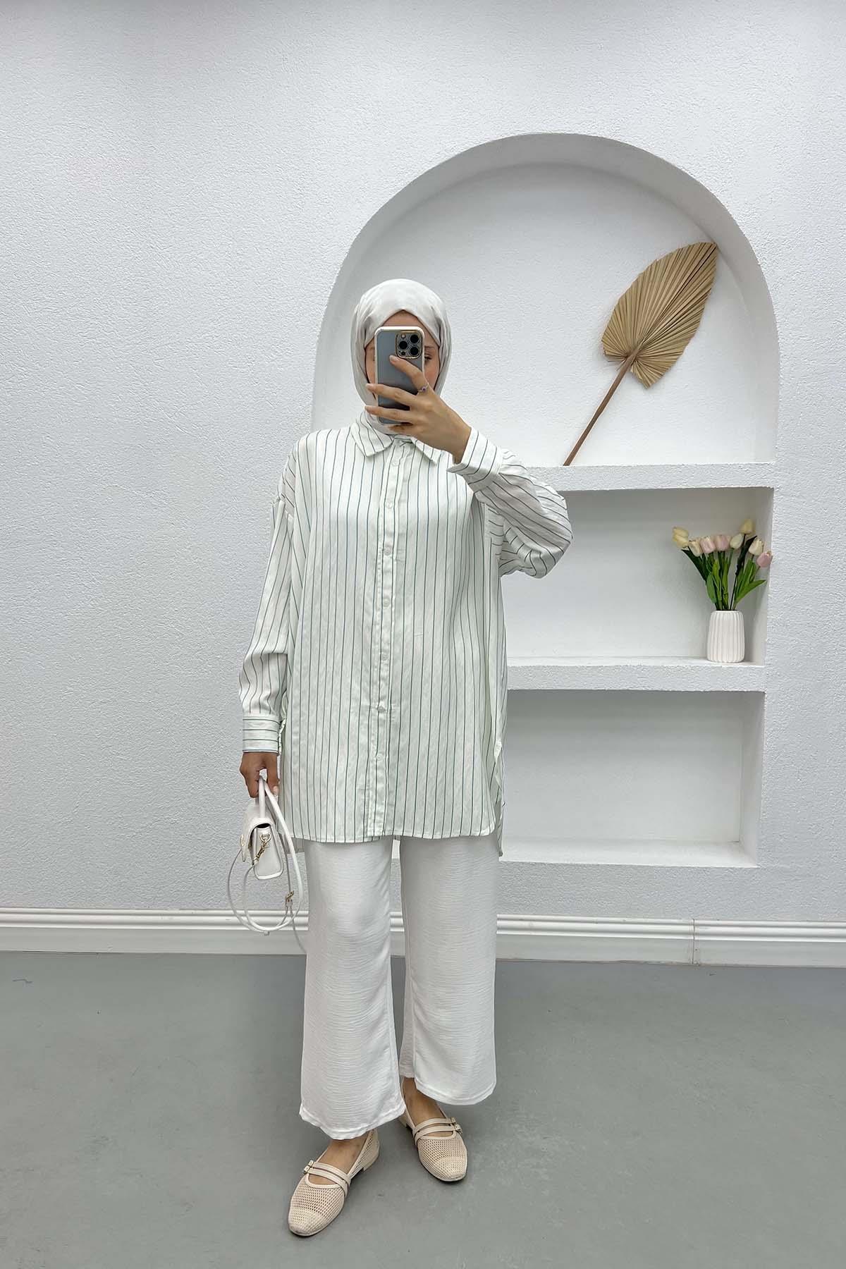 Oversize Çizgili Gömlek Zümrüt Yeşili