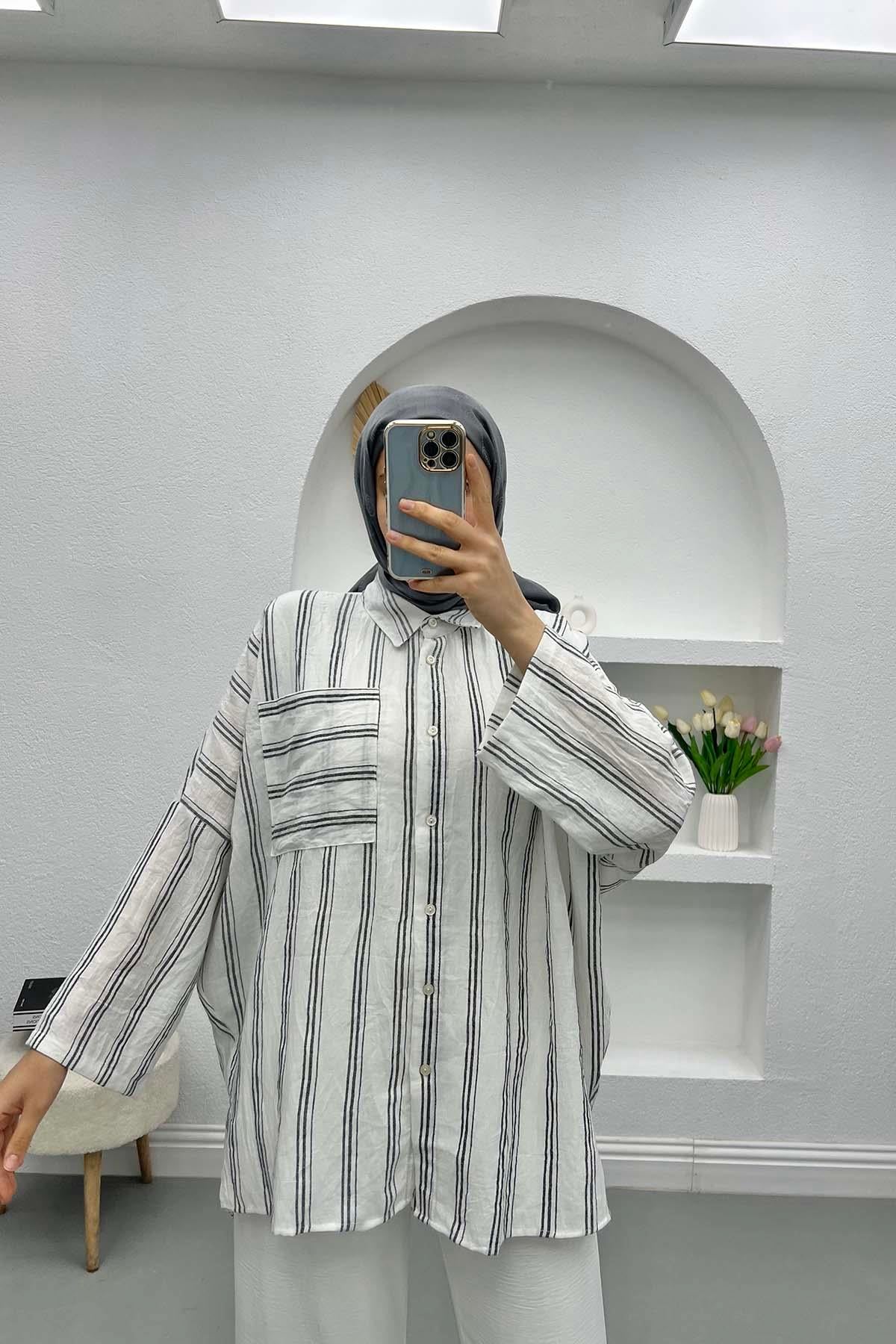 Oversize Çizgili Keten Gömlek Siyah