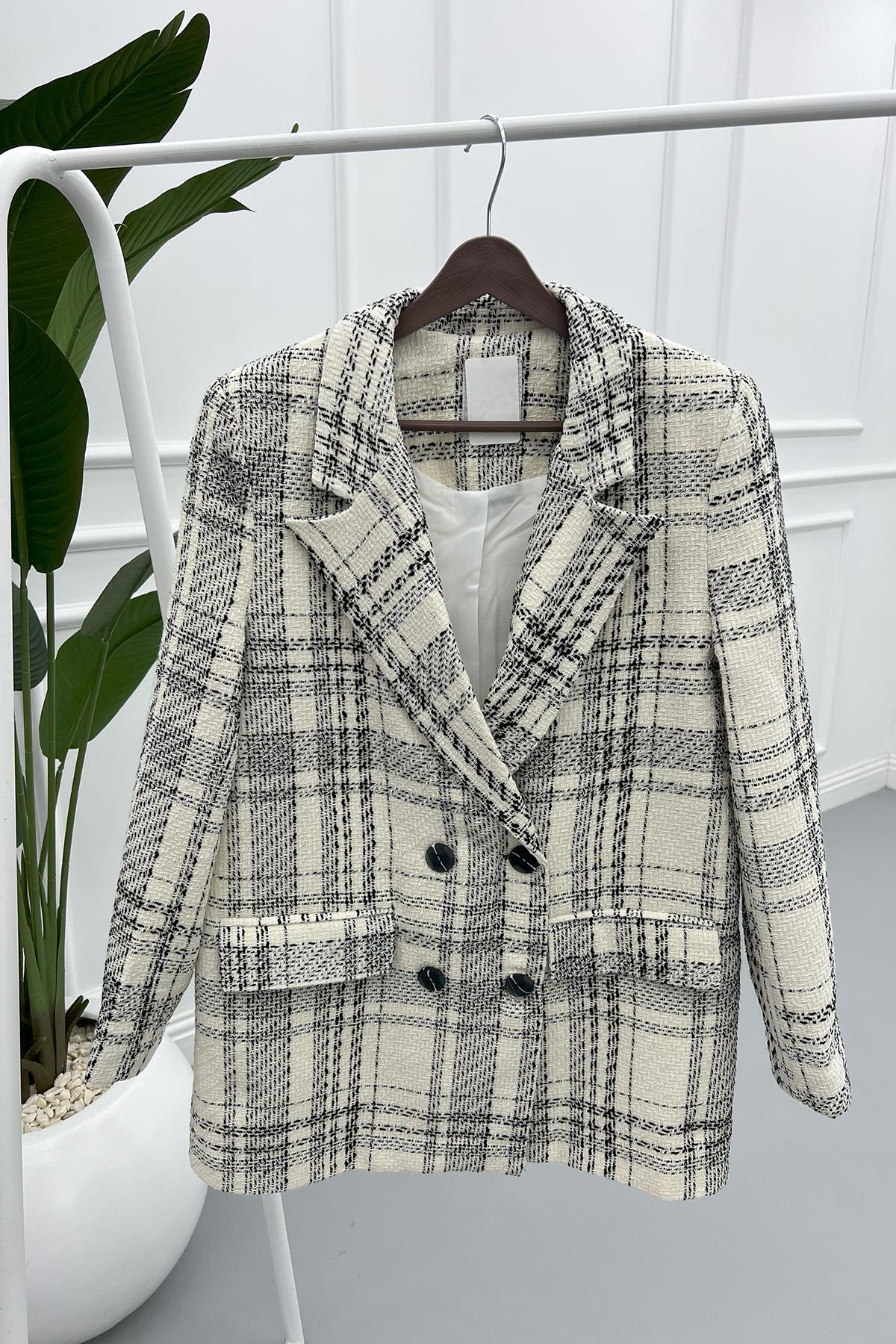 Oversize Ekose Ceket Beyaz