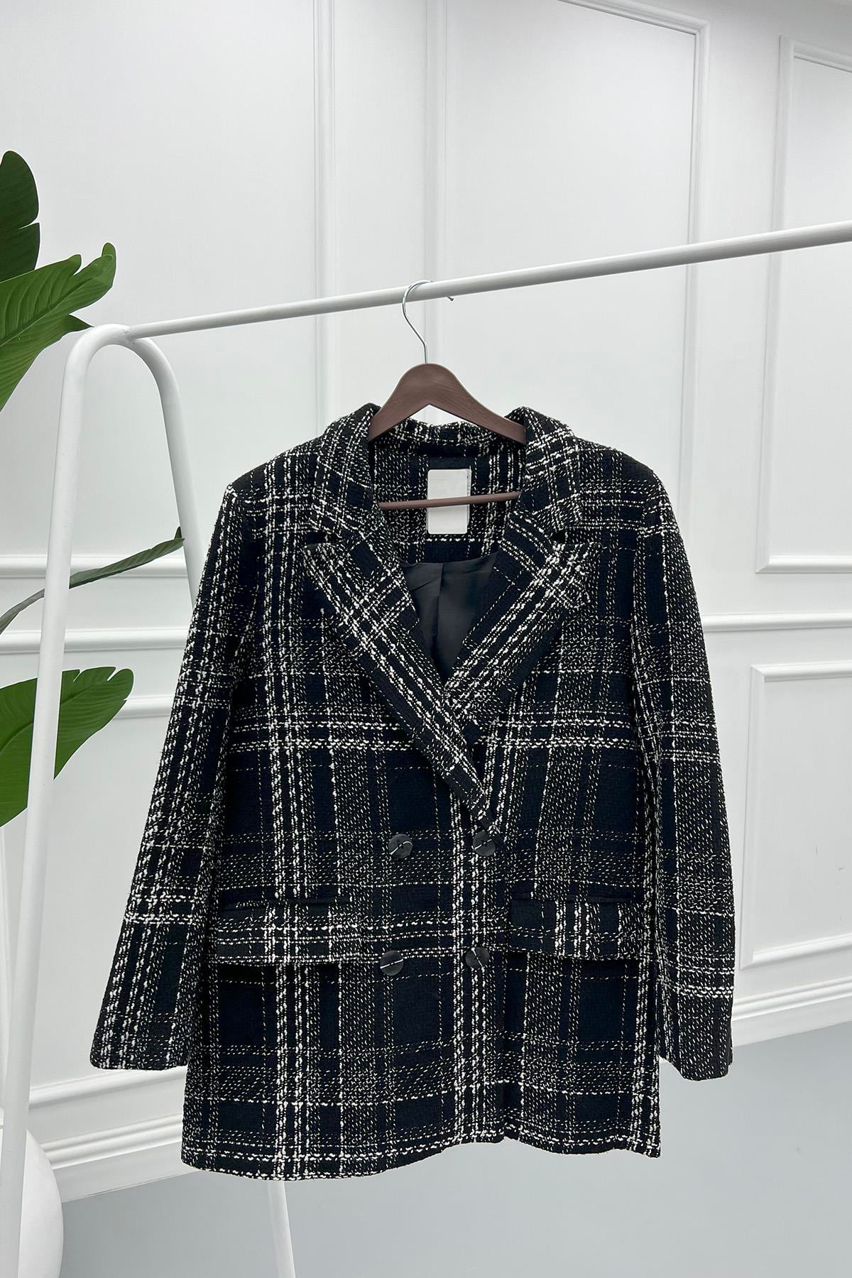 Oversize Ekose Ceket Siyah
