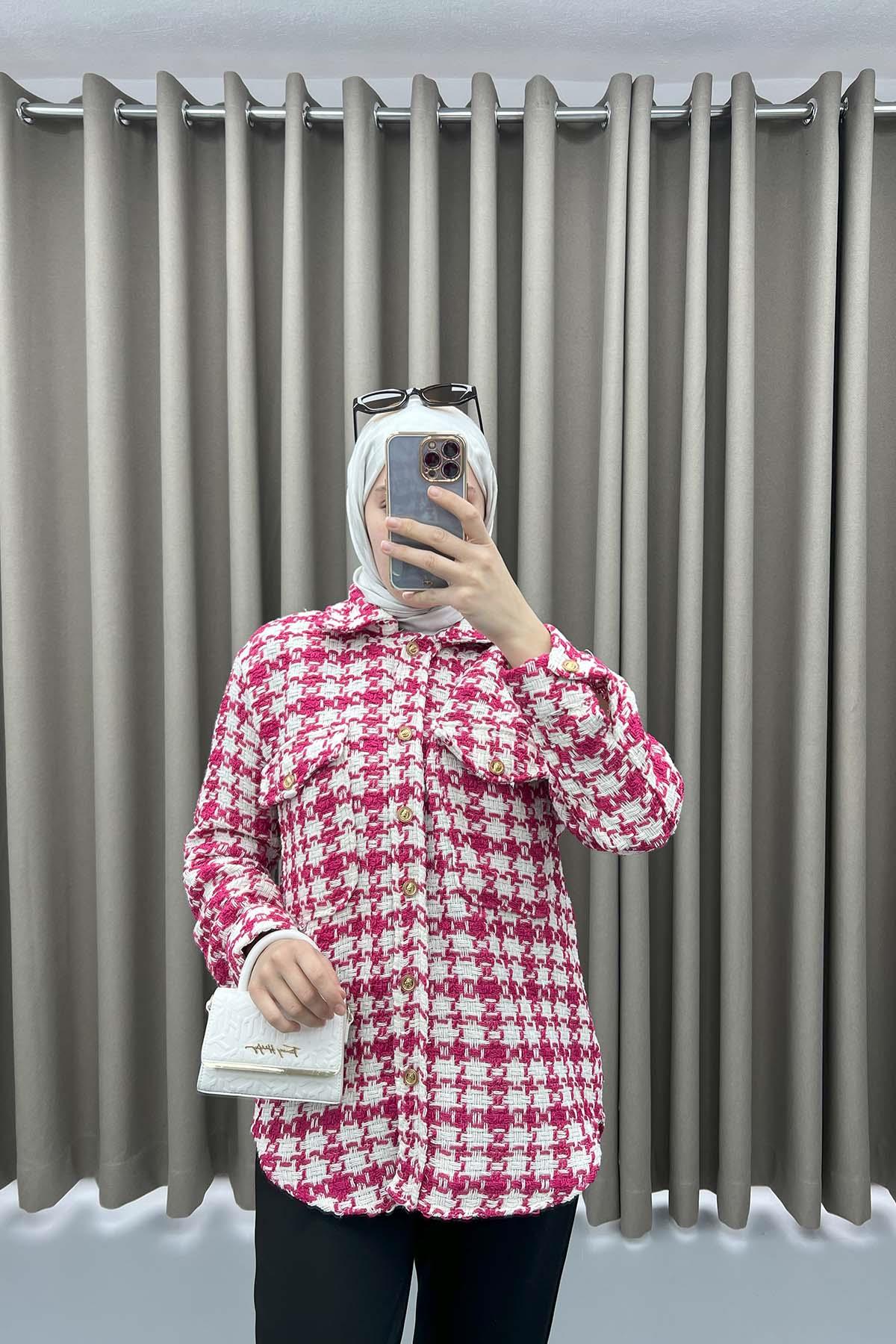 Oversize Ekose Gömlek Fuşya