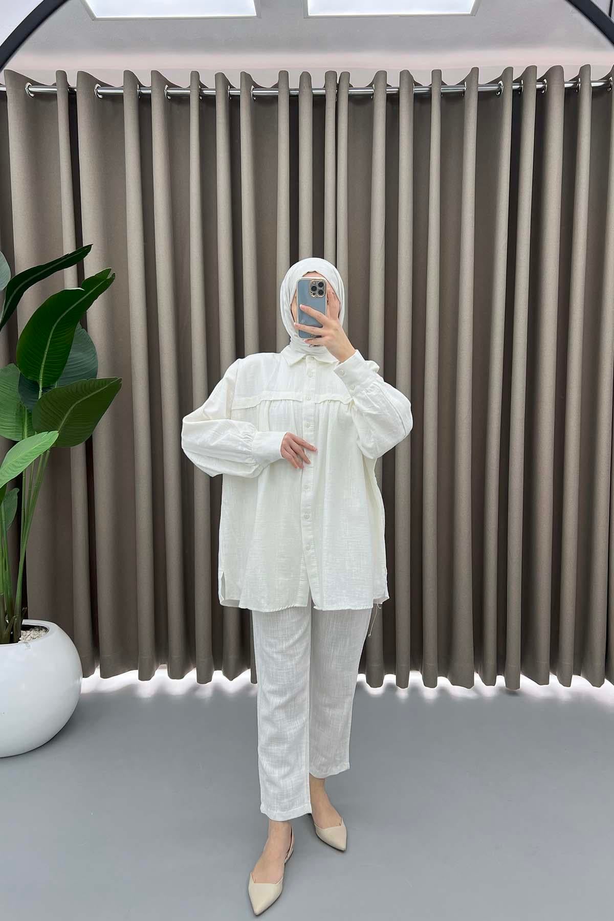 Oversize Keten Takım Beyaz