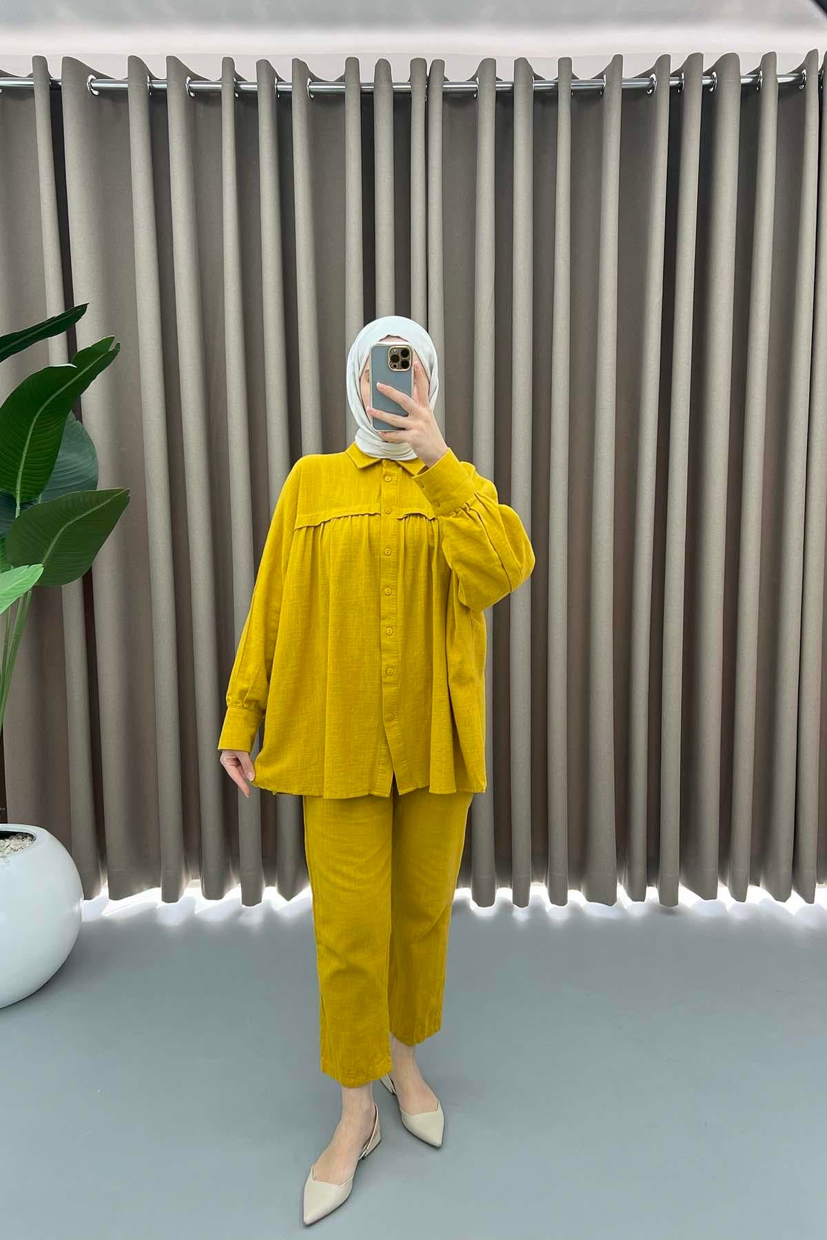 Oversize Keten Takım Hardal