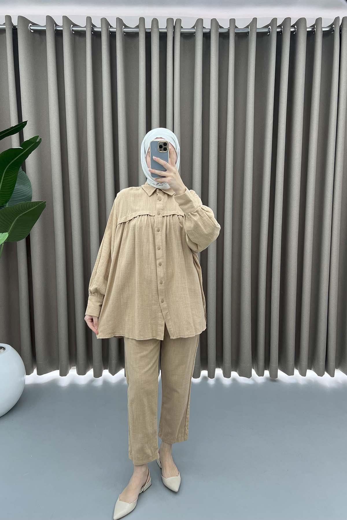 Oversize Keten Takım Sütlü Kahve