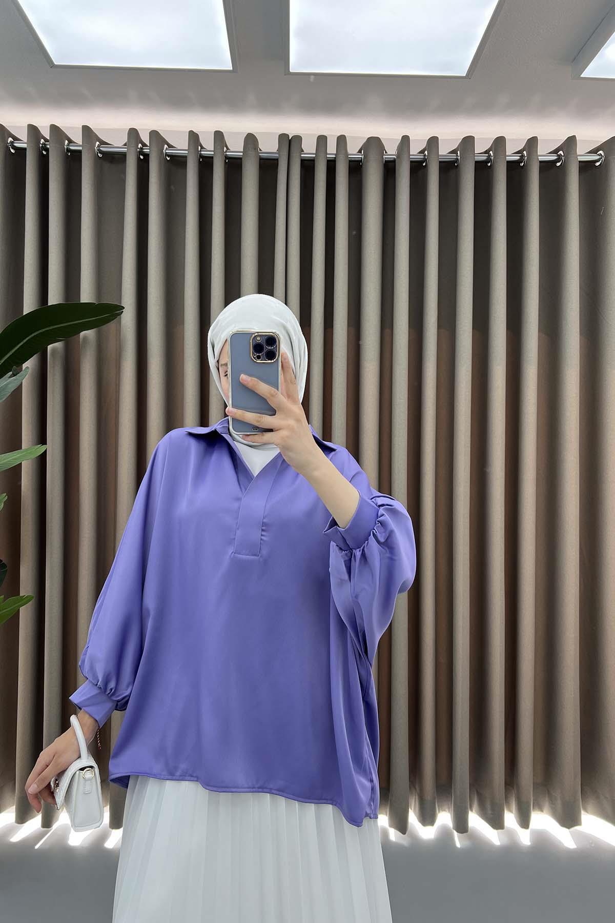 Oversize Saten Gömlek Lila