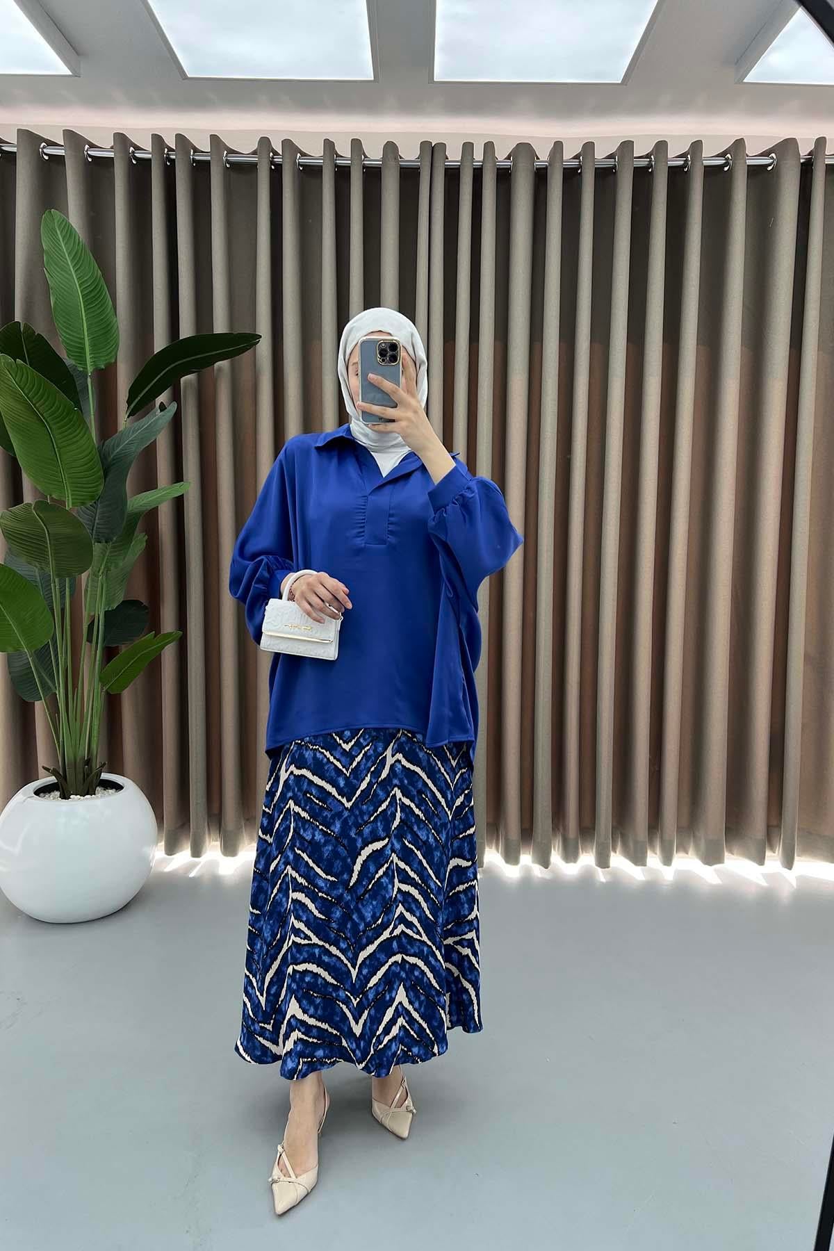 Oversize Saten Gömlek Saks Mavi