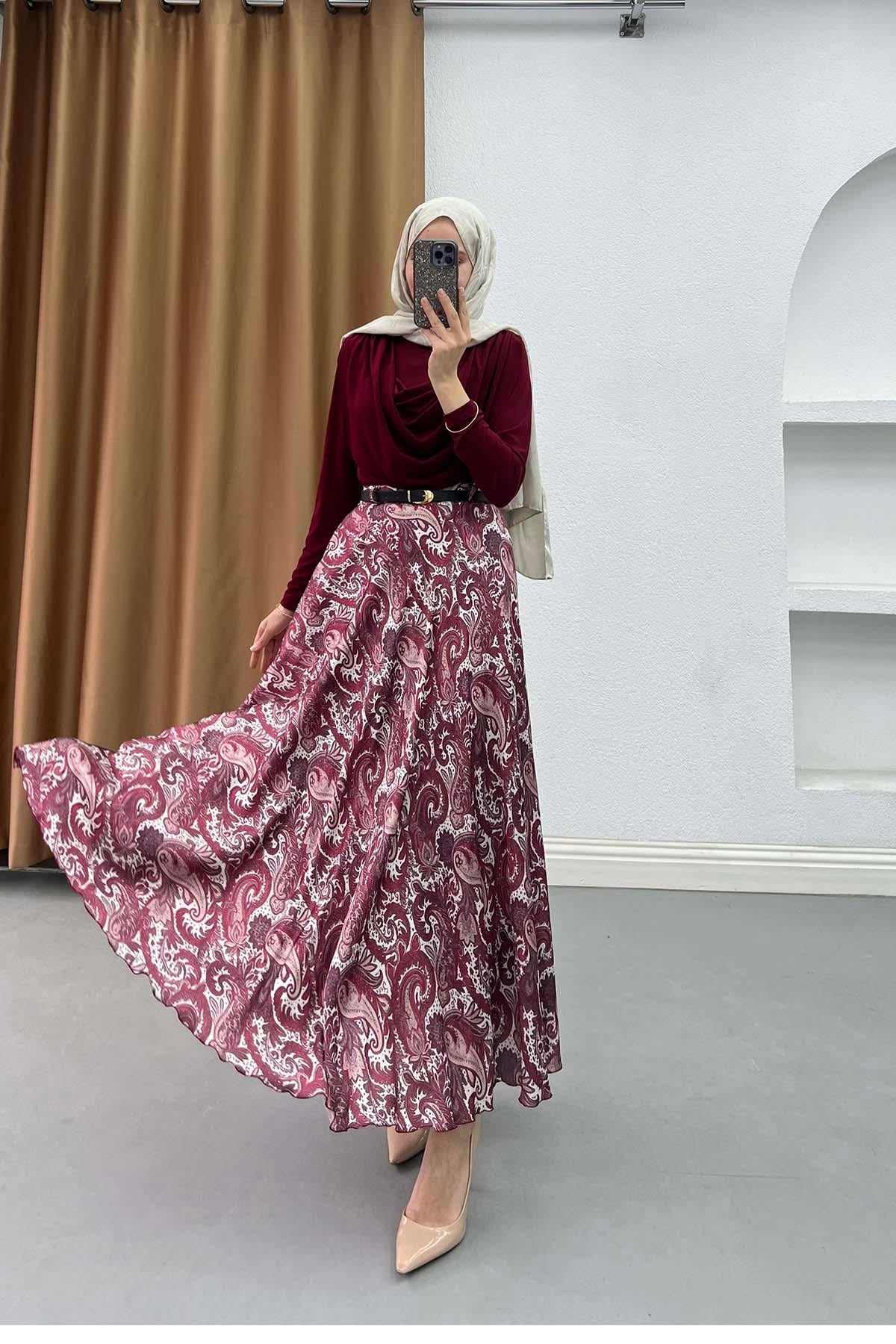 Paisley Desen Astarlı Kemerli Etek Bordo