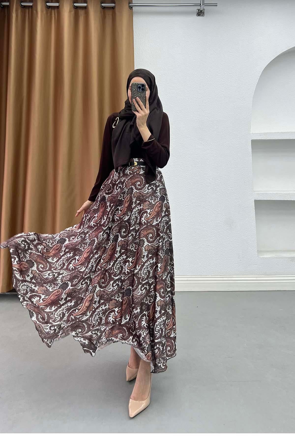 Paisley Desen Astarlı Kemerli Etek Kahve