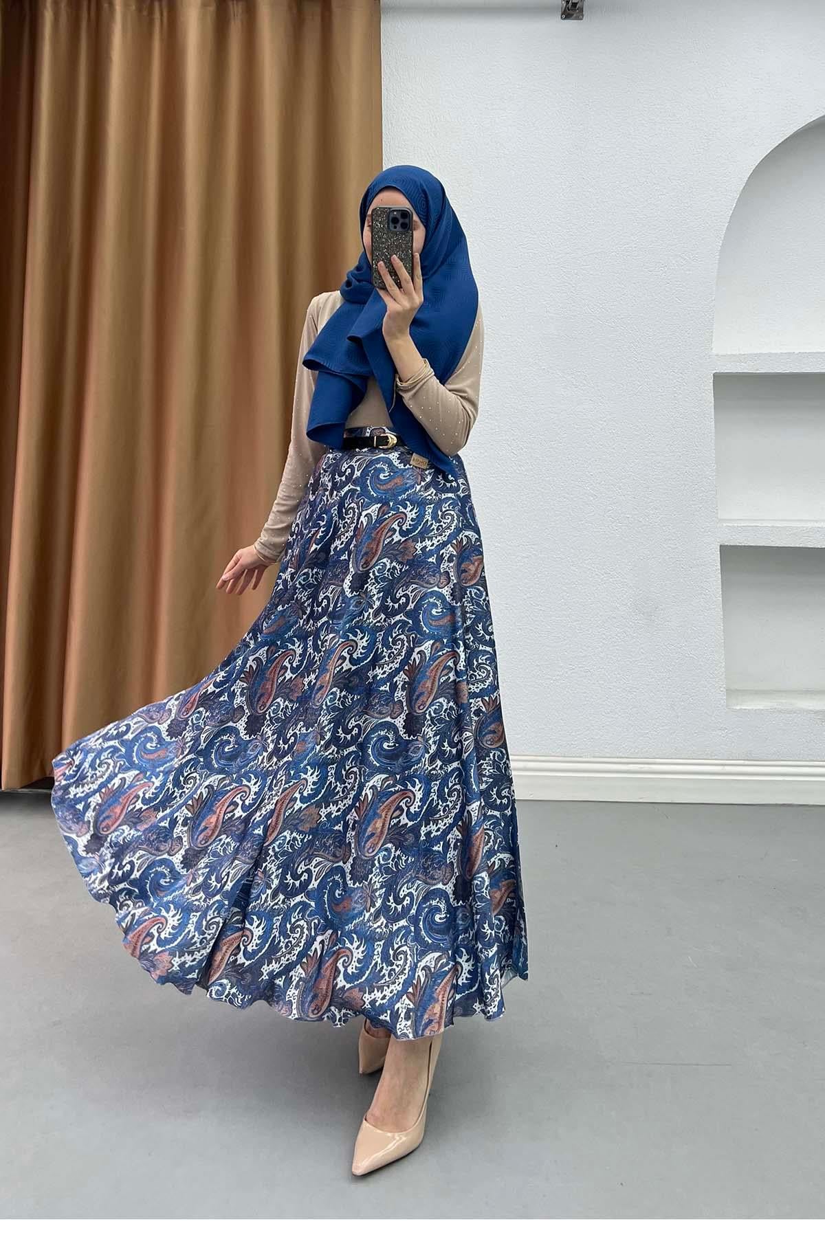 Paisley Desen Astarlı Kemerli Etek Mavi