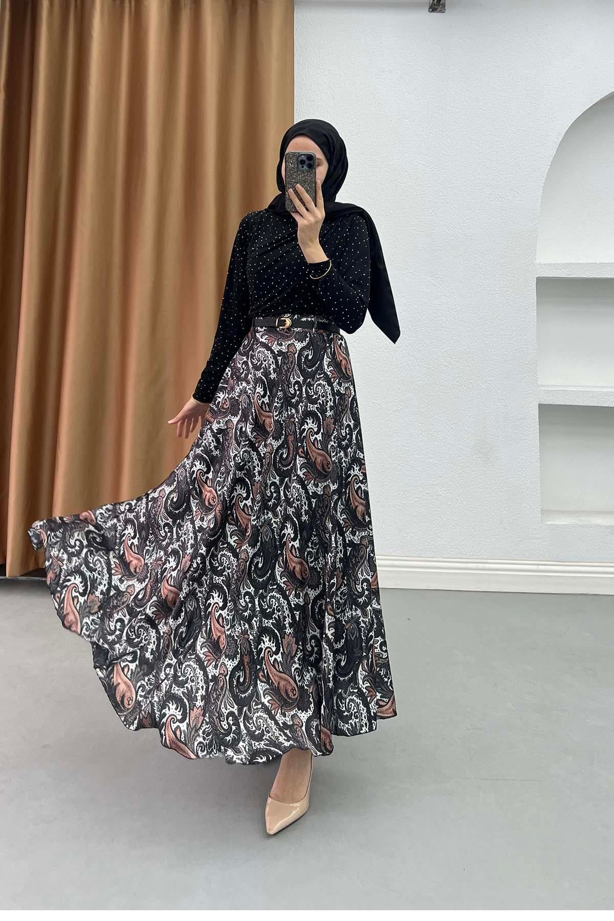 Paisley Desen Astarlı Kemerli Etek Siyah
