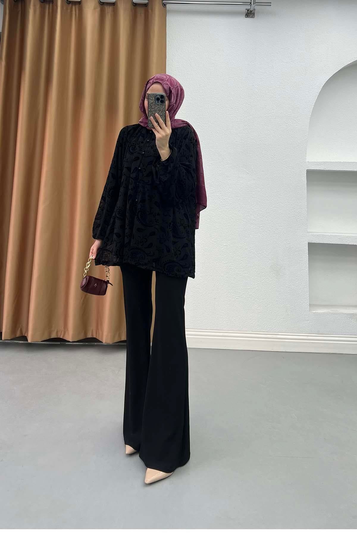 Paisley Desenli Astarlı Tül Gömlek Siyah