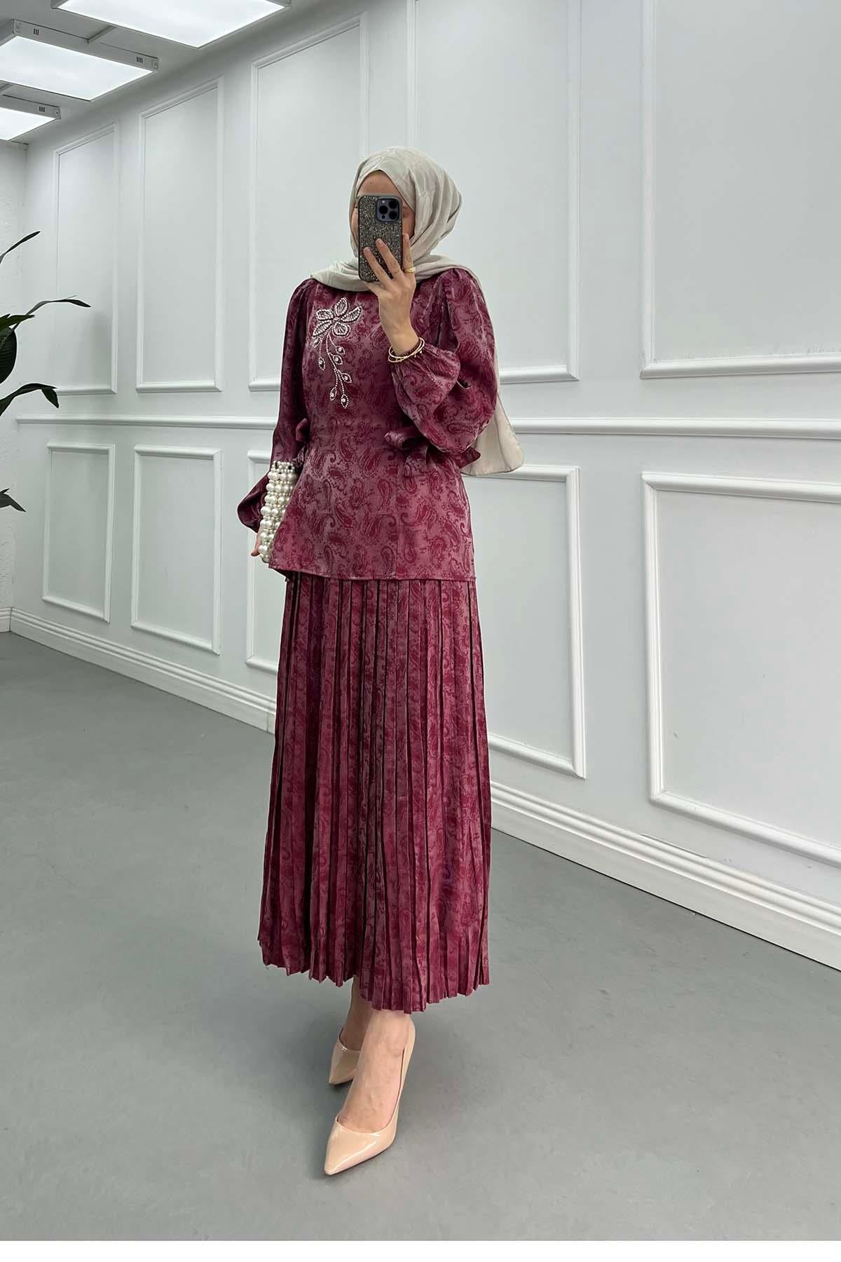 Paisley Desenli Jakarlı Elegant Takım Mürdüm