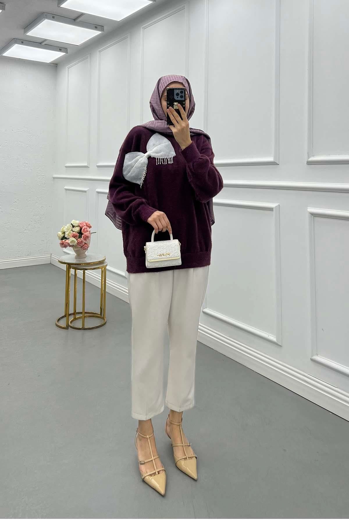 Papyon Detaylı Angora Kazak Mürdüm