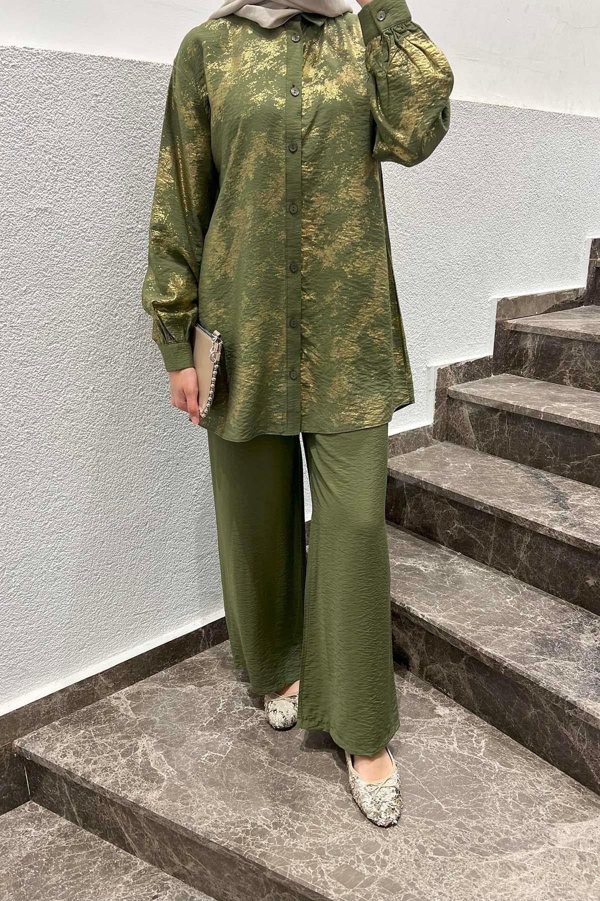 Parlak Desenli Pantalonlu Takım Haki