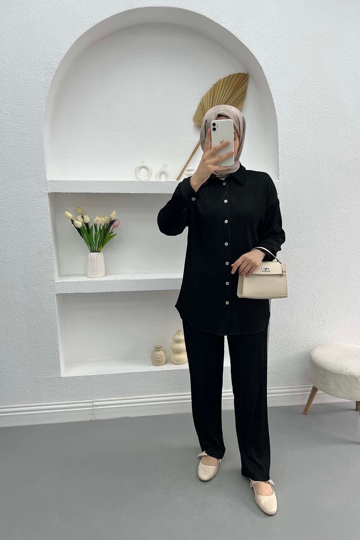 Parlak Gömlek Takım Siyah