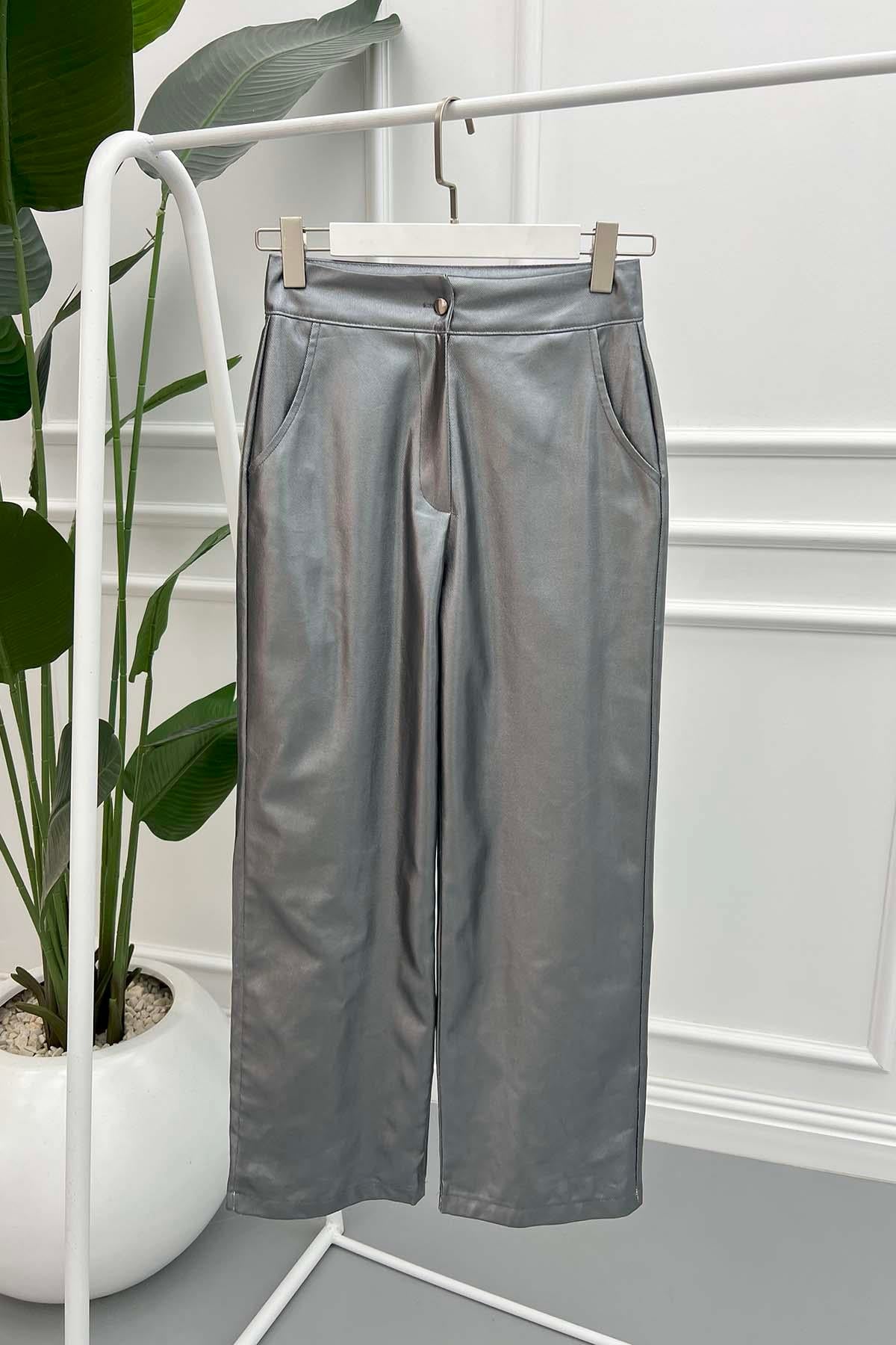 Parlak Plazzo Pantalon Gümüş