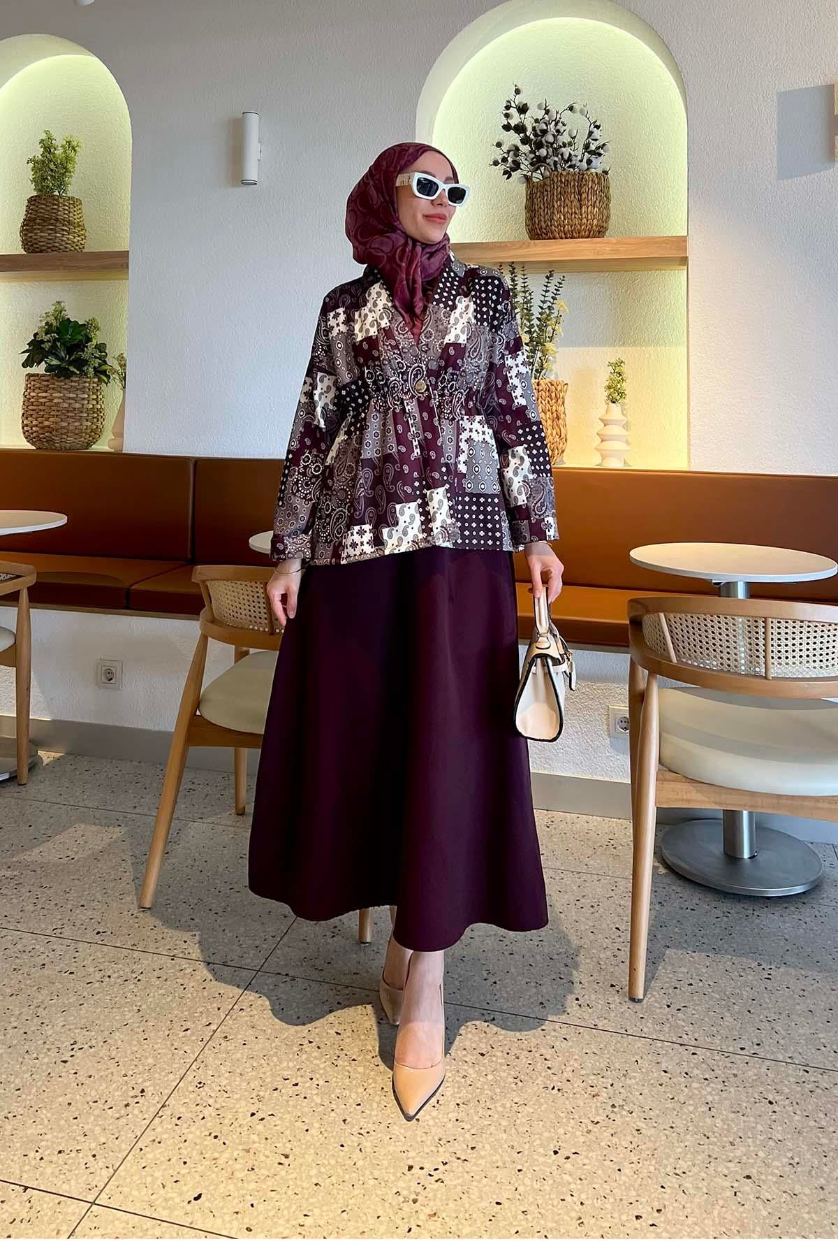 Patchwork Desenli Bel Büzgülü Takım Mürdüm