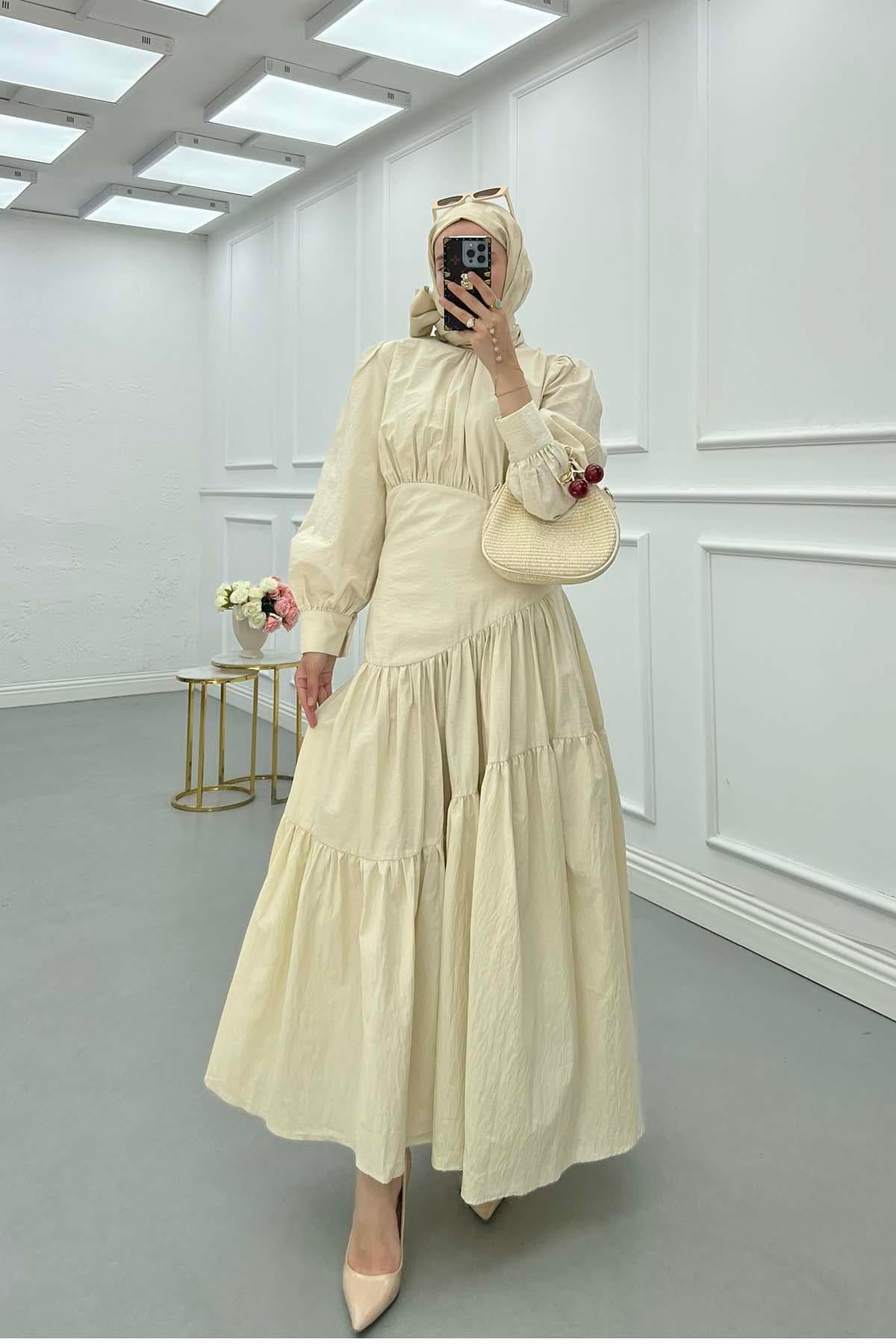 Patlı Uzun Elbise Bej