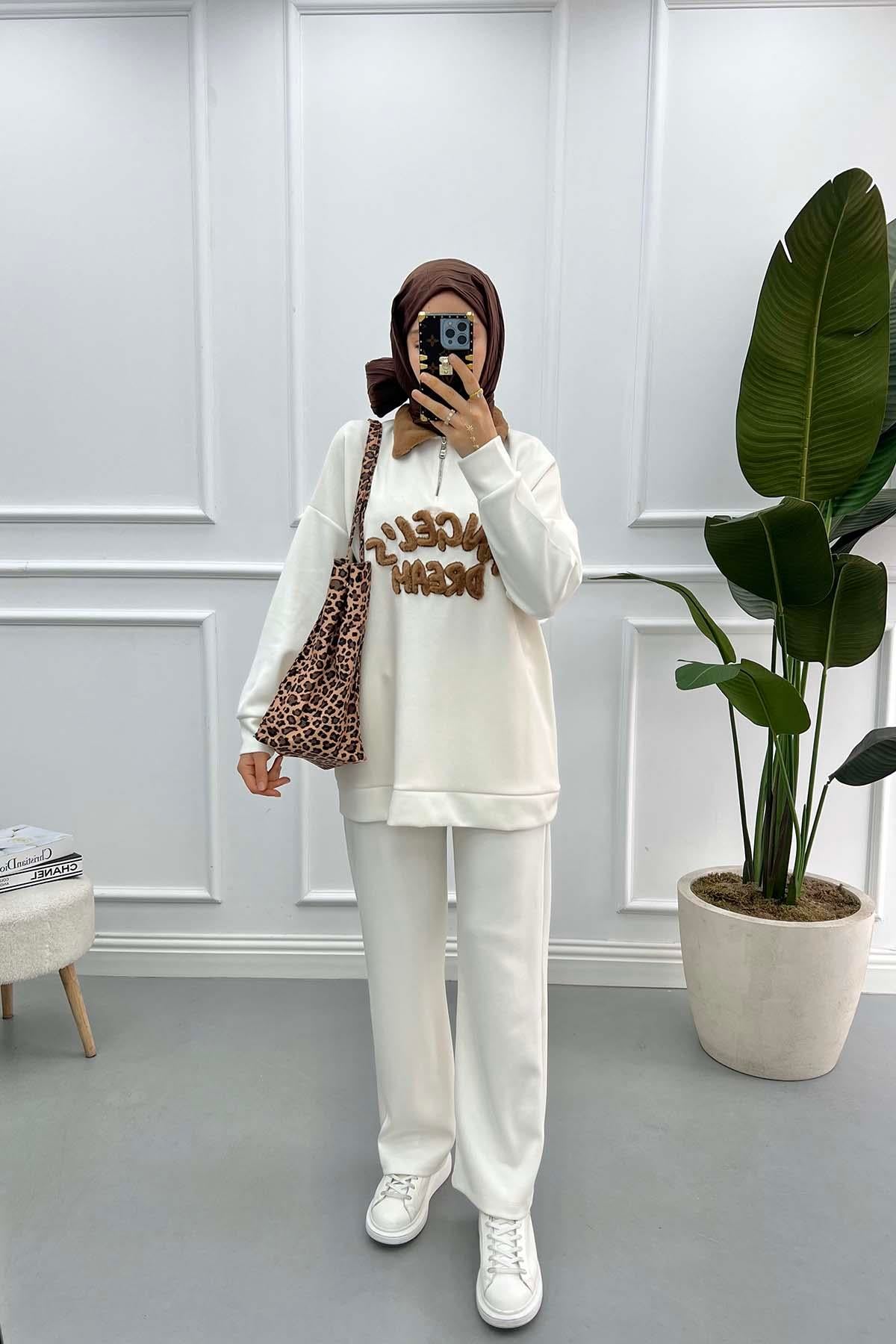 Peluş Detaylı Sweat Takım Beyaz