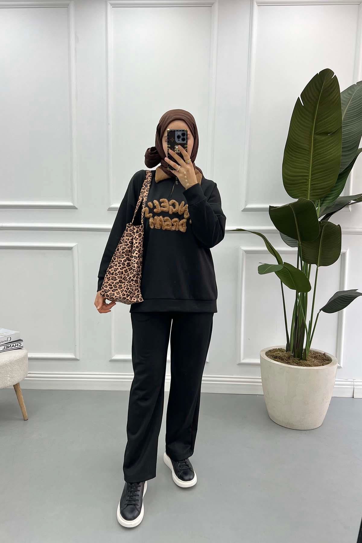 Peluş Detaylı Sweat Takım Siyah