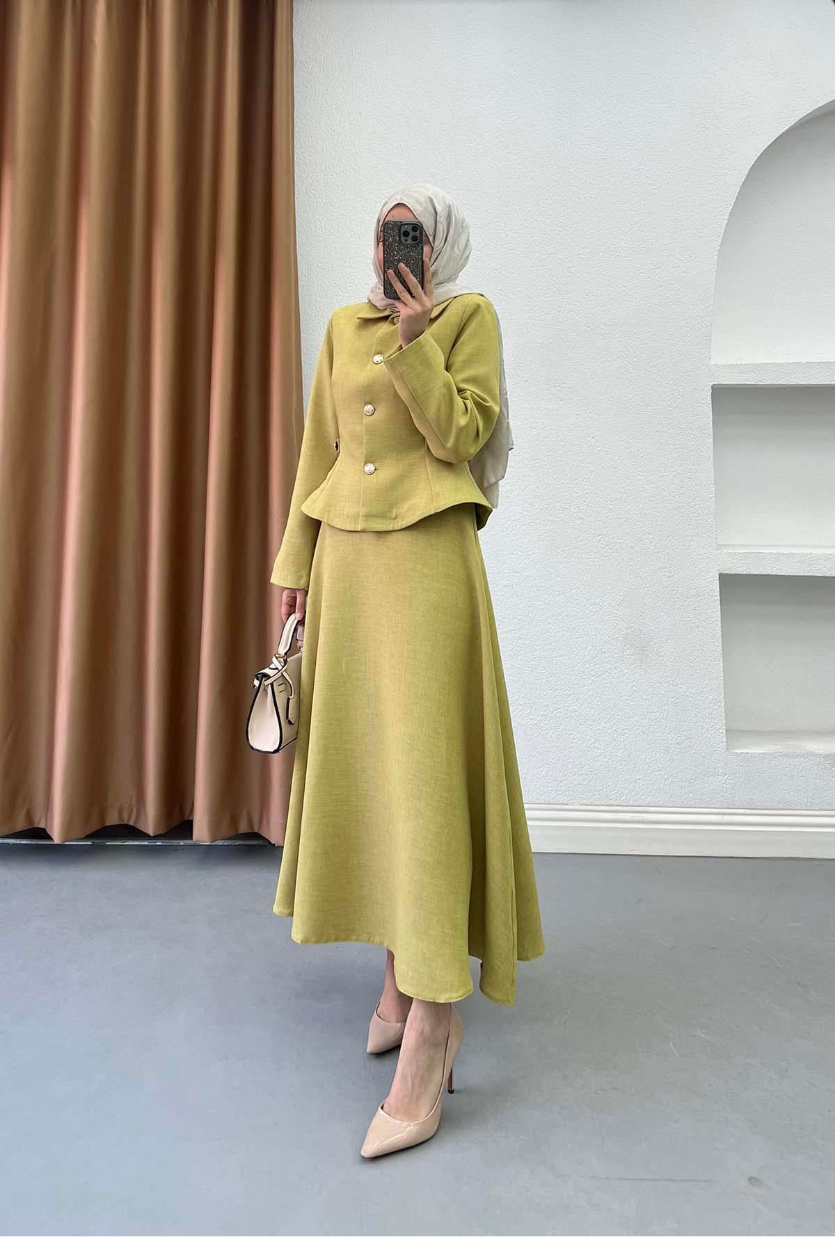 Peplum Kesim Gold Detaylı Keten Takım Lime Yeşili
