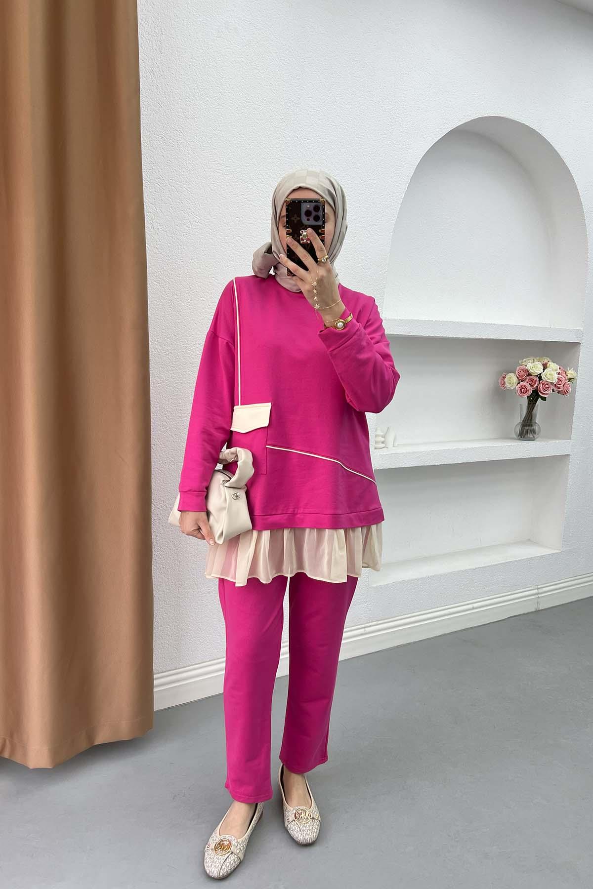 Pilise Detaylı Cepli Triko Takım Pembe