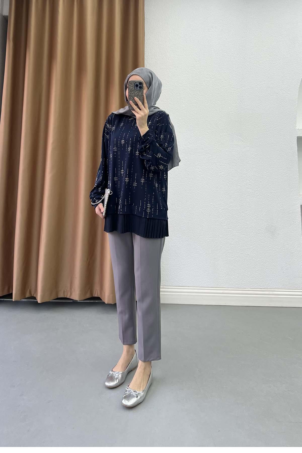 Pilise Detaylı Gala Işıltısı Bluz Lacivert