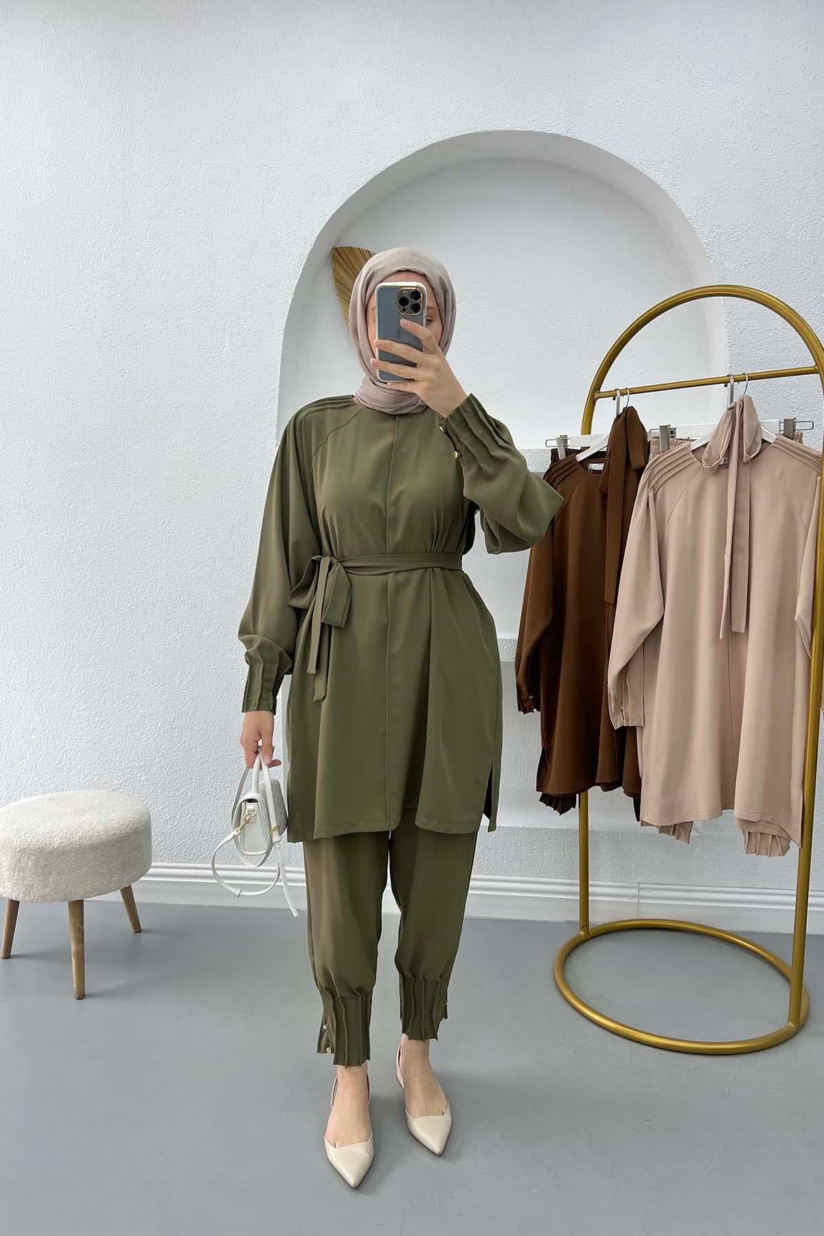 Piliseli Düğmeli Tunik Takım Haki