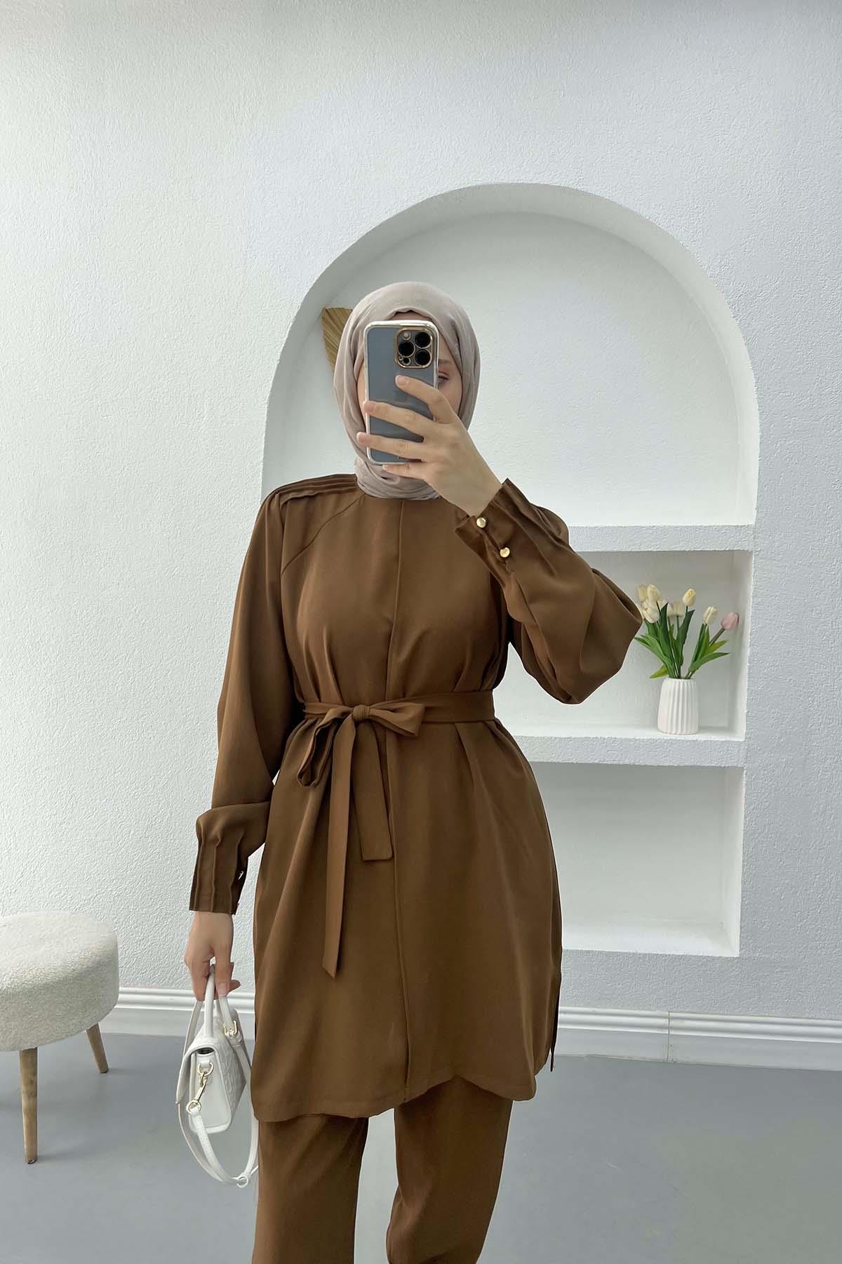 Piliseli Düğmeli Tunik Takım Kahve