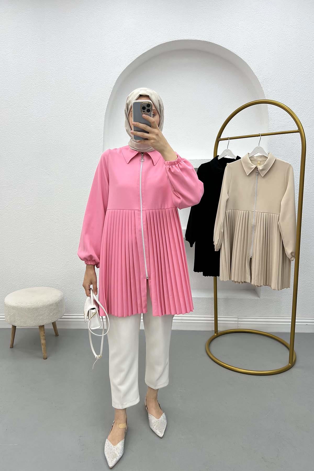 Piliseli Fermuarlı Tunik Pembe