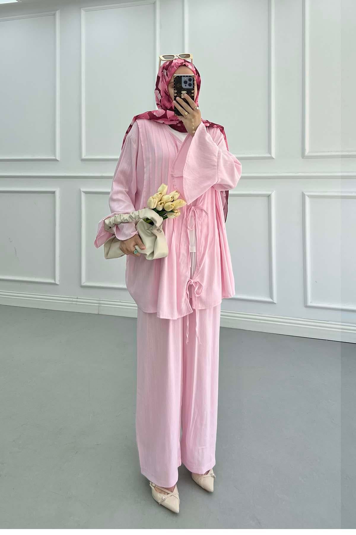 Piliseli Önden Bağlamalı Keten Kimono Takım Pembe