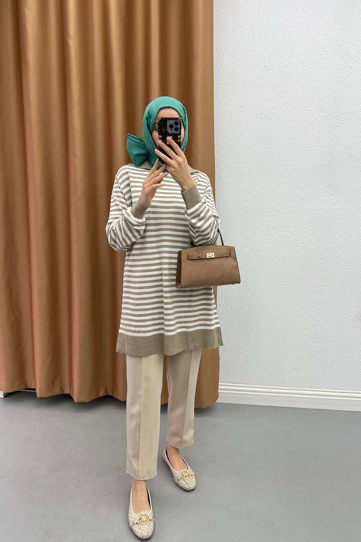 Polo Yaka Çizgili Tunik Bej