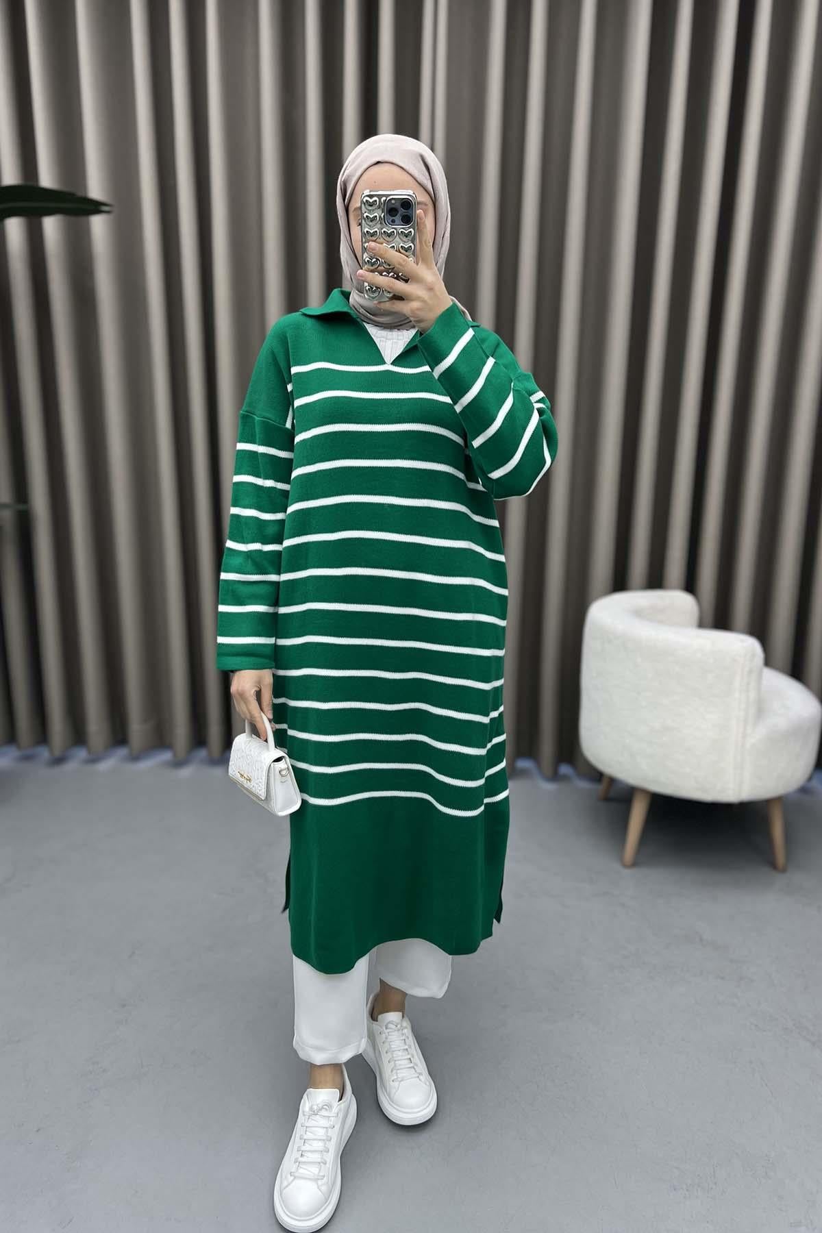 Polo Yaka Çizgili Tunik Benetton Yeşil