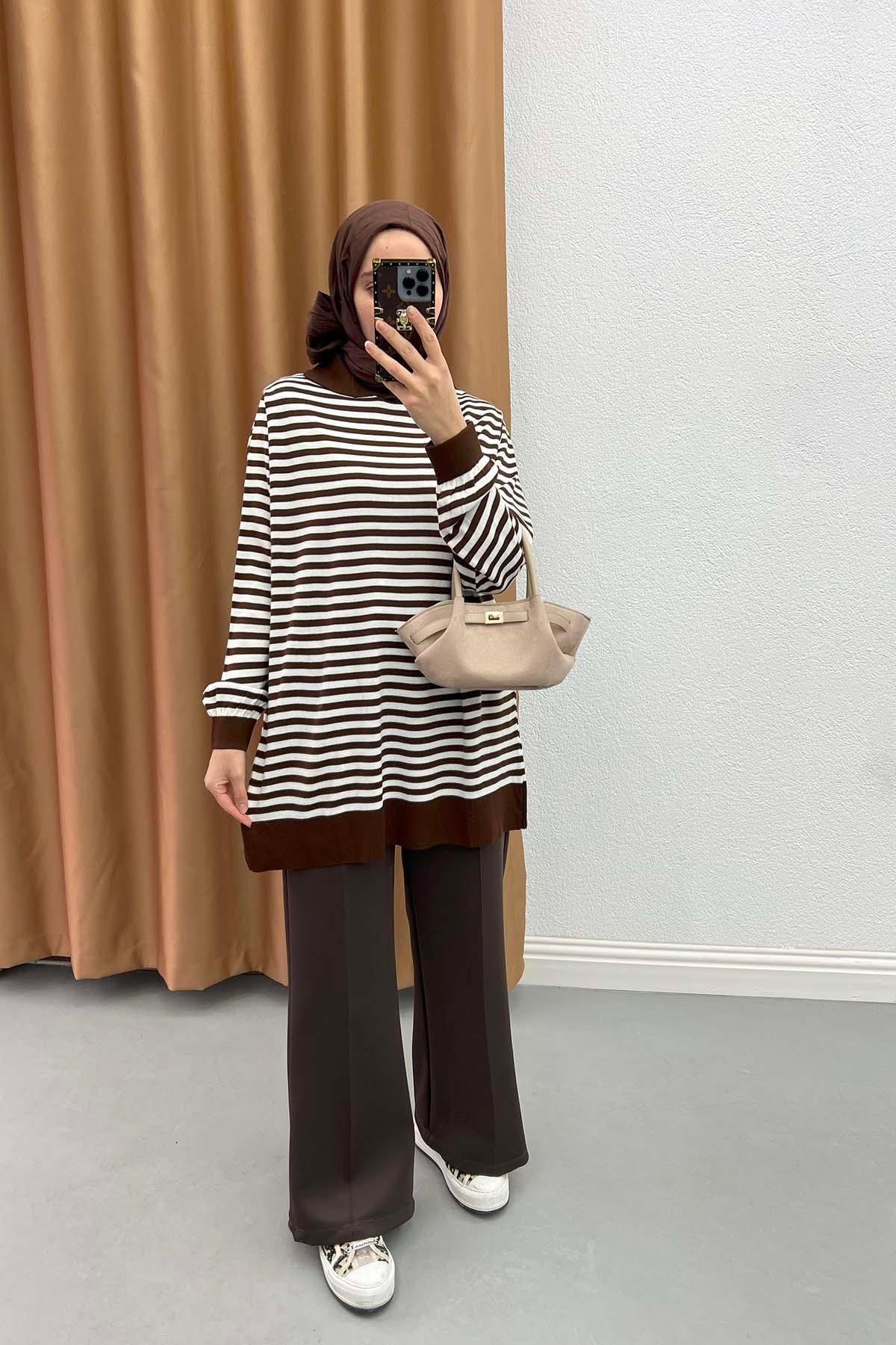 Polo Yaka Çizgili Tunik Kahve