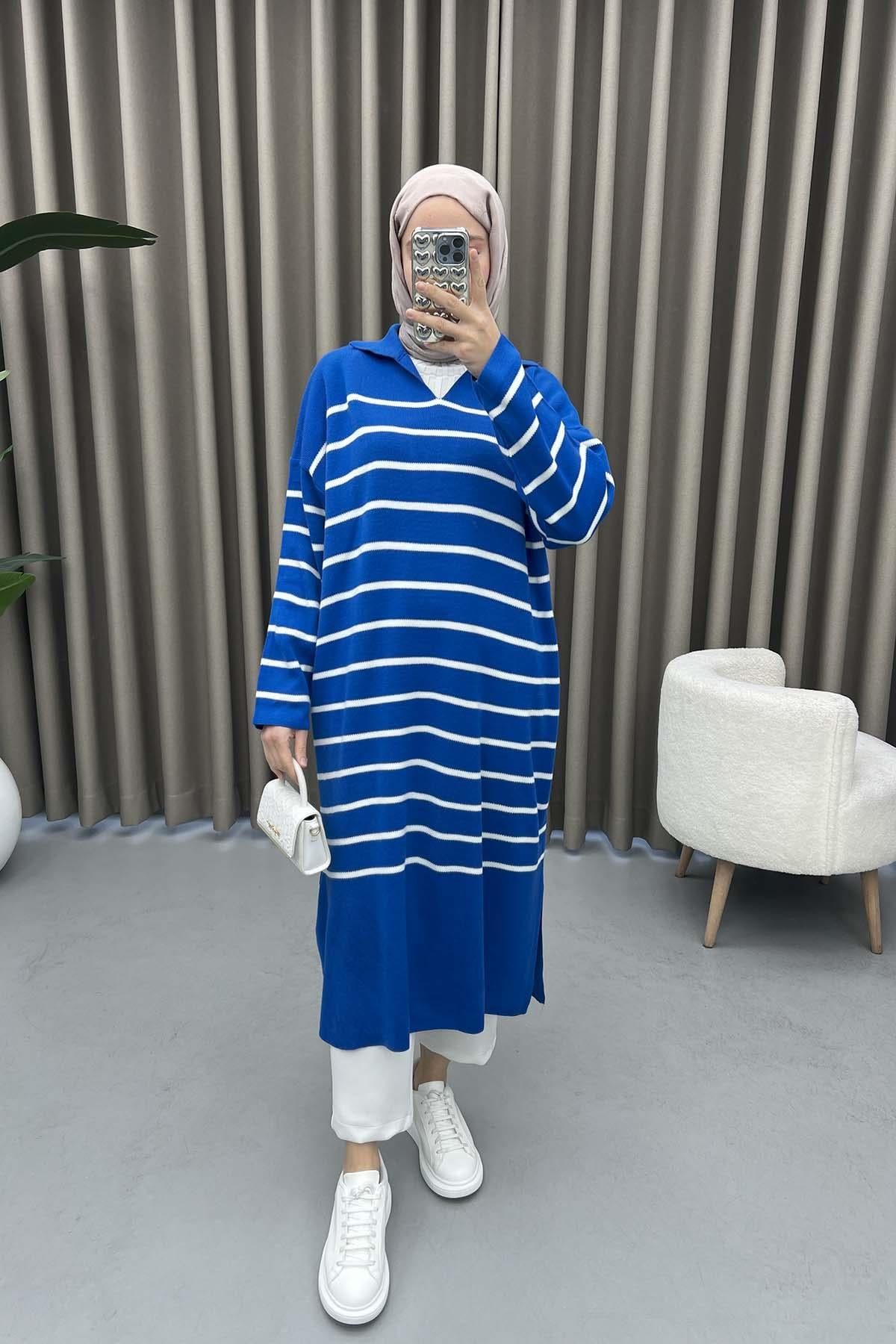 Polo Yaka Çizgili Tunik Saks Mavi