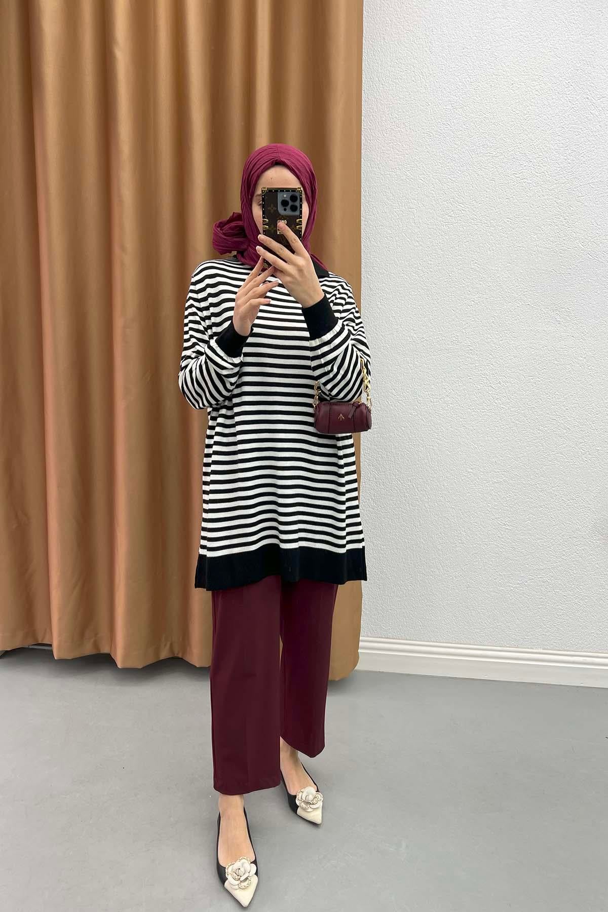 Polo Yaka Çizgili Tunik Siyah