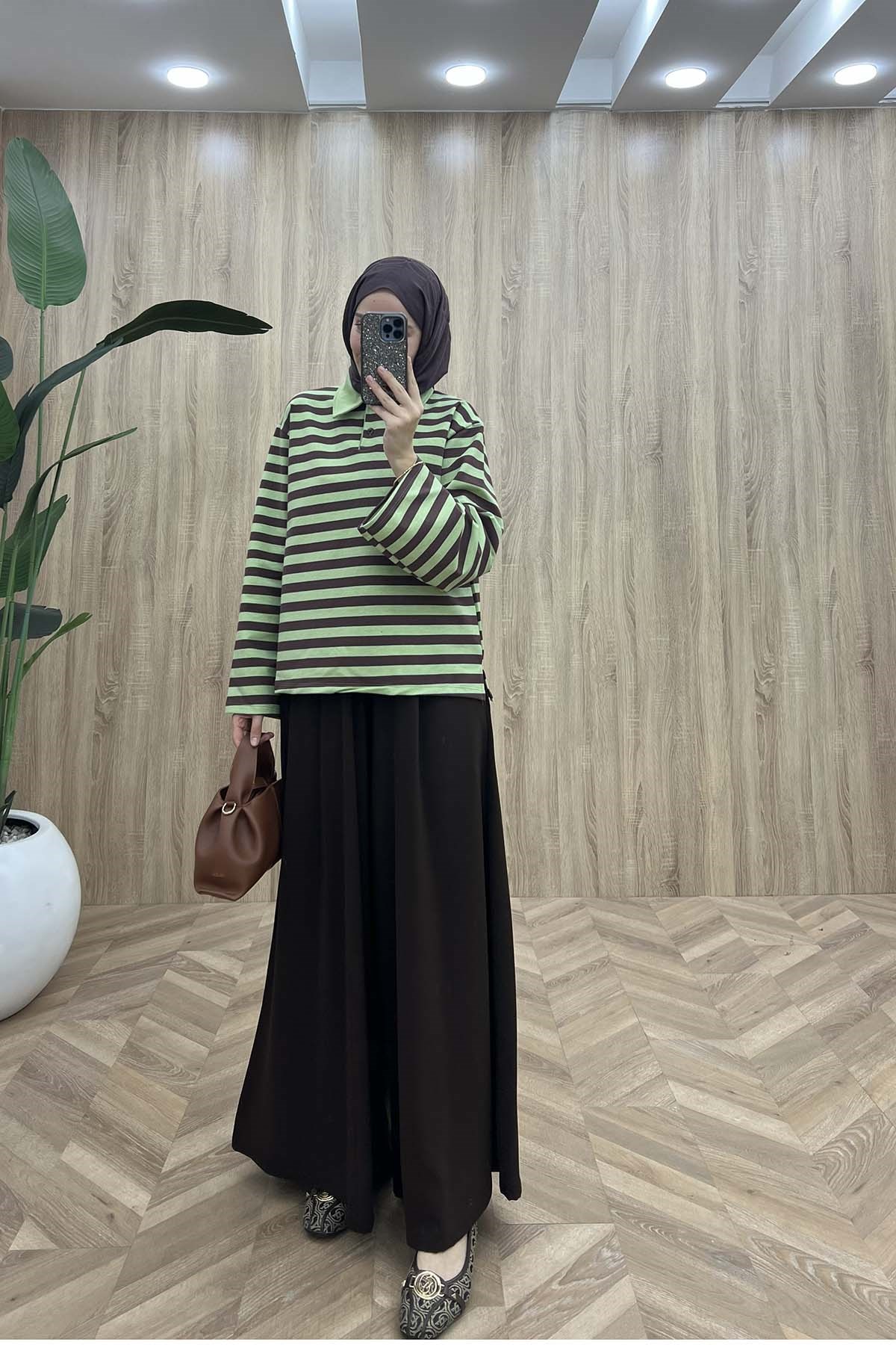 Polo Yaka Düğmeli Çizgili Sweatshirt Yeşil - Kahve