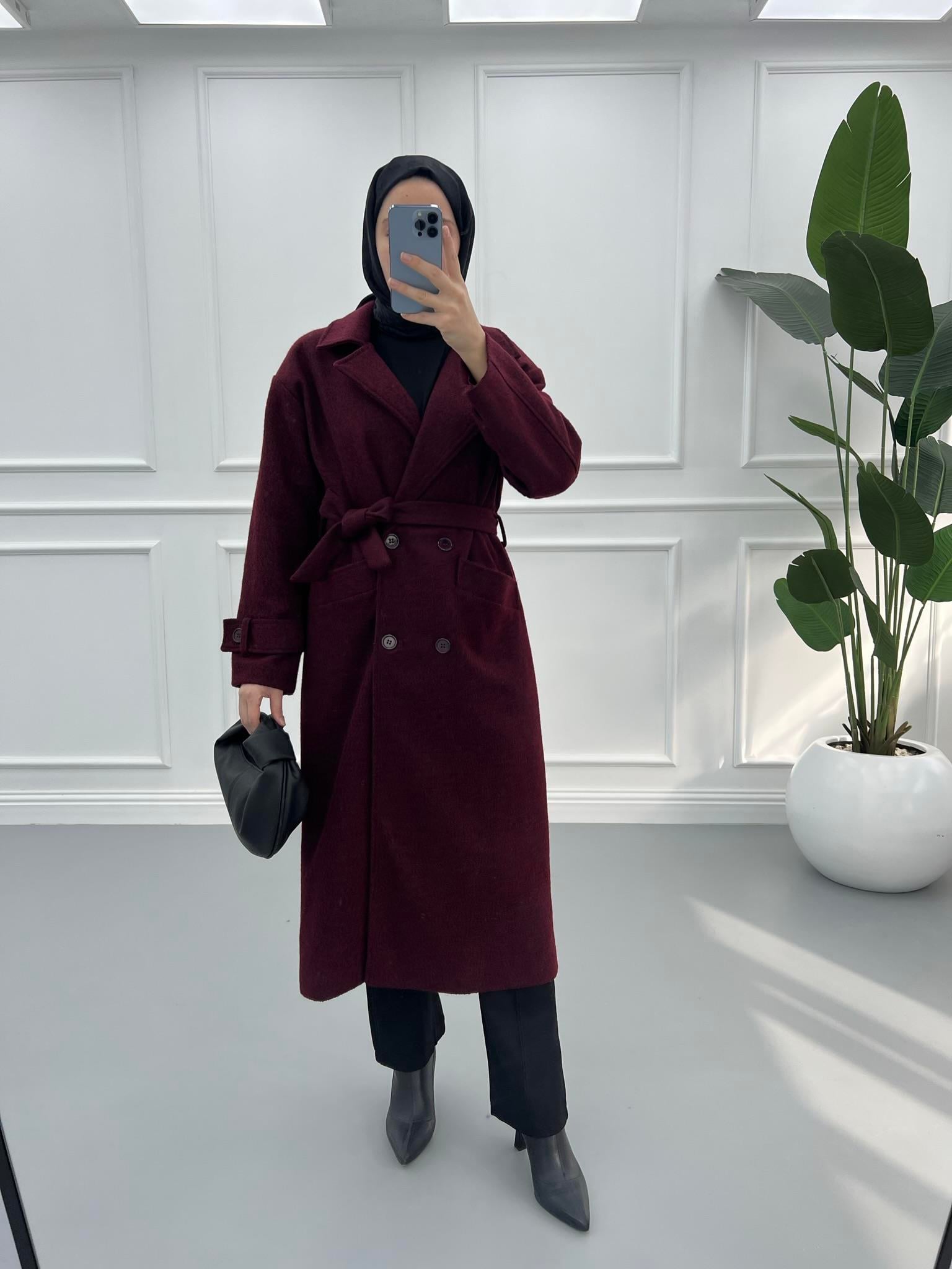 Premium Manşetli Kaşe Kaban Bordo